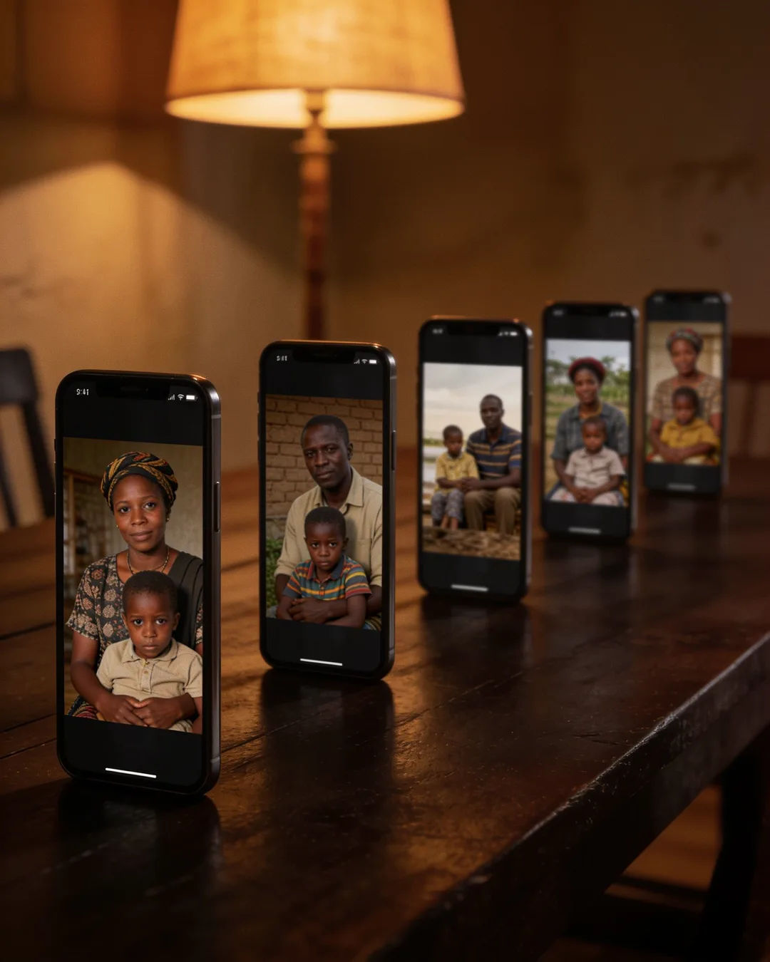 A row of phones showing episodes of the same Rwandan drama series