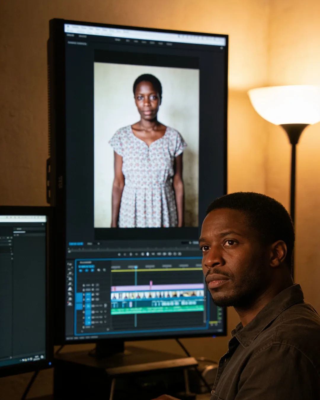 An editing suite with a vertical frame of a Rwandan woman in a simple printed dress above a timeline