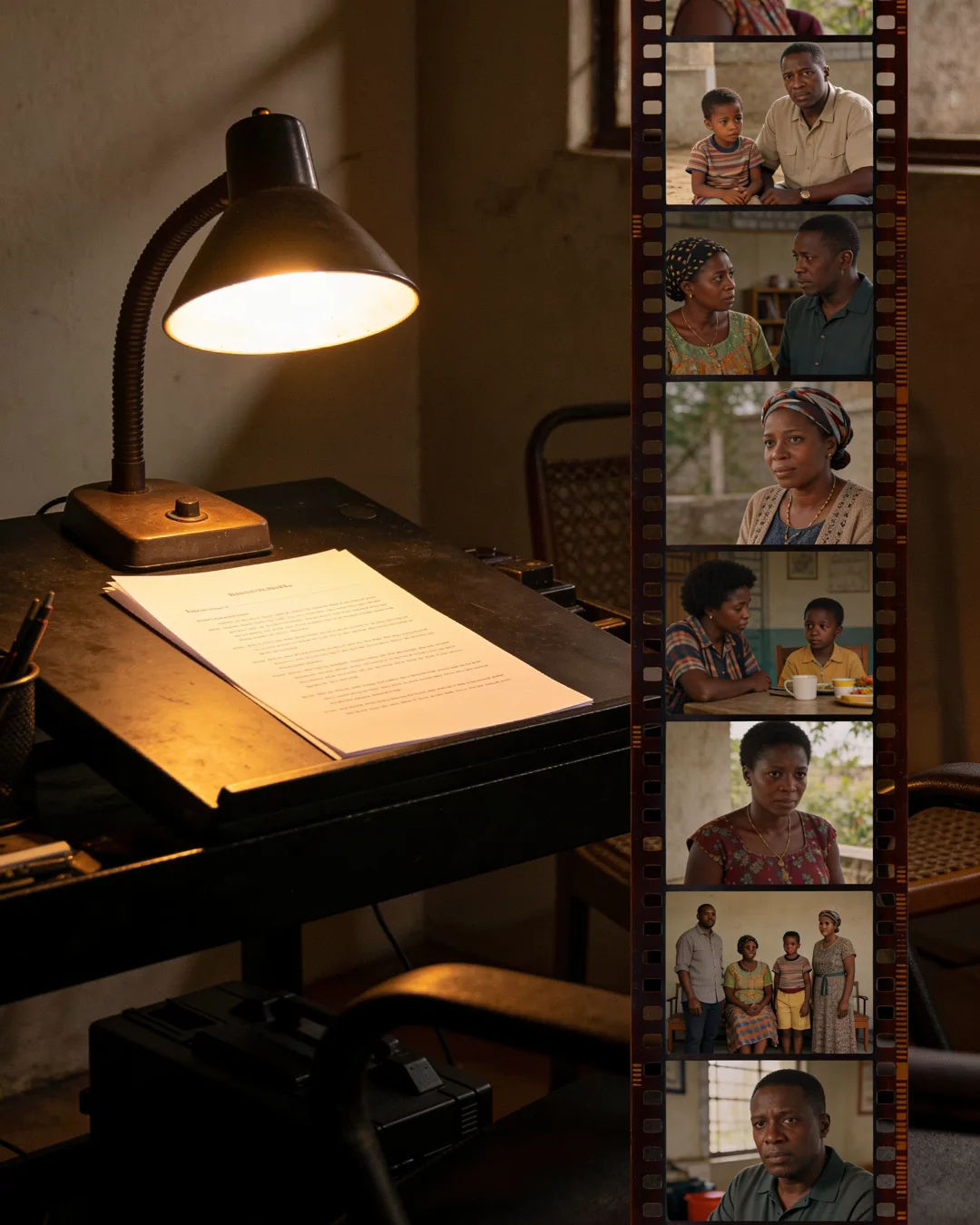 A screenplay page under a desk lamp beside a strip of film frames from a family drama