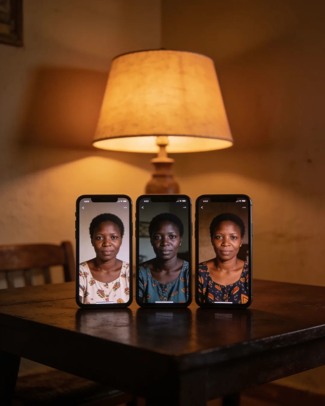 The same Burundian woman in a simple printed blouse on three vertical phone screens