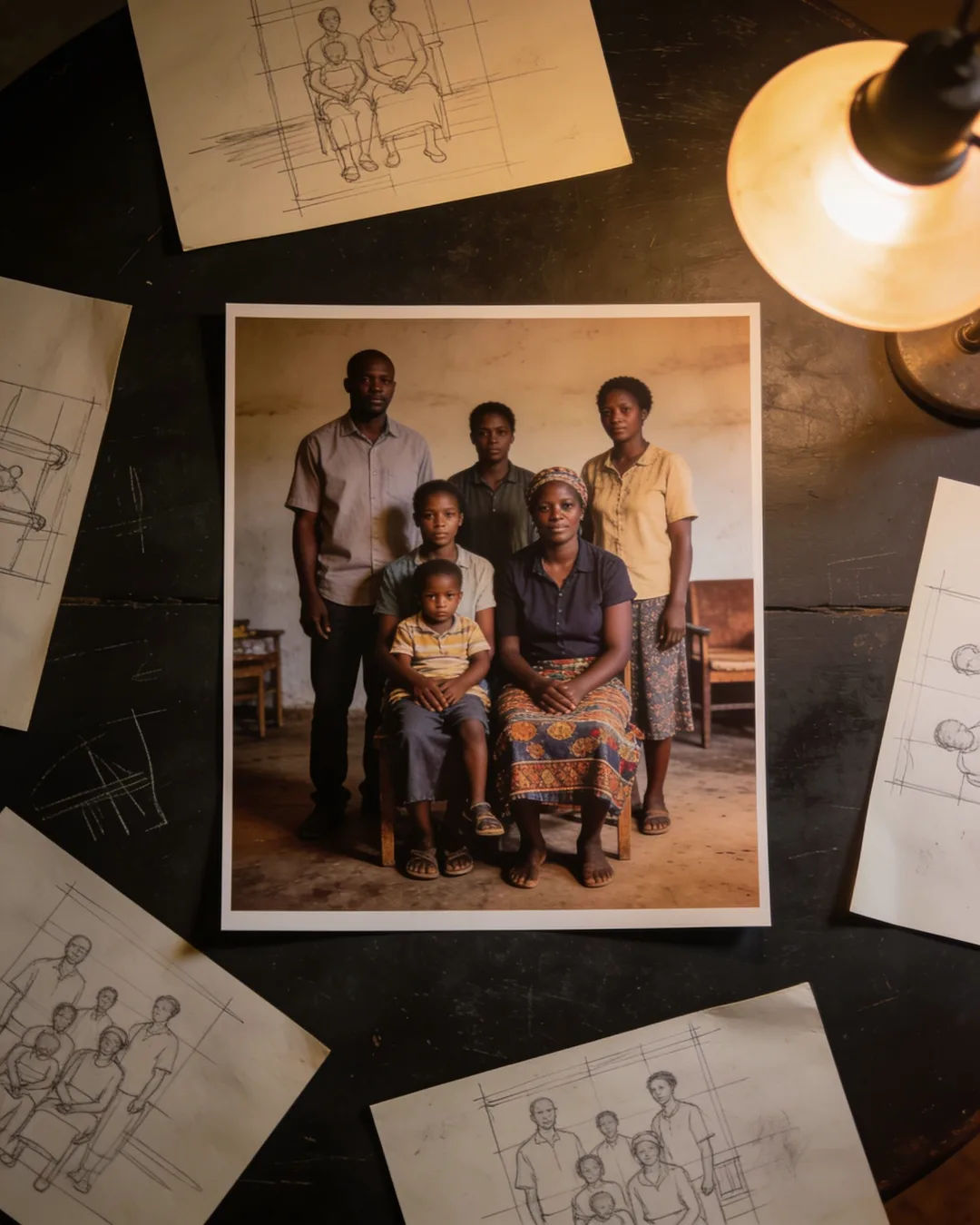Pencil storyboard sketches around a finished photo of a Burundian family scene