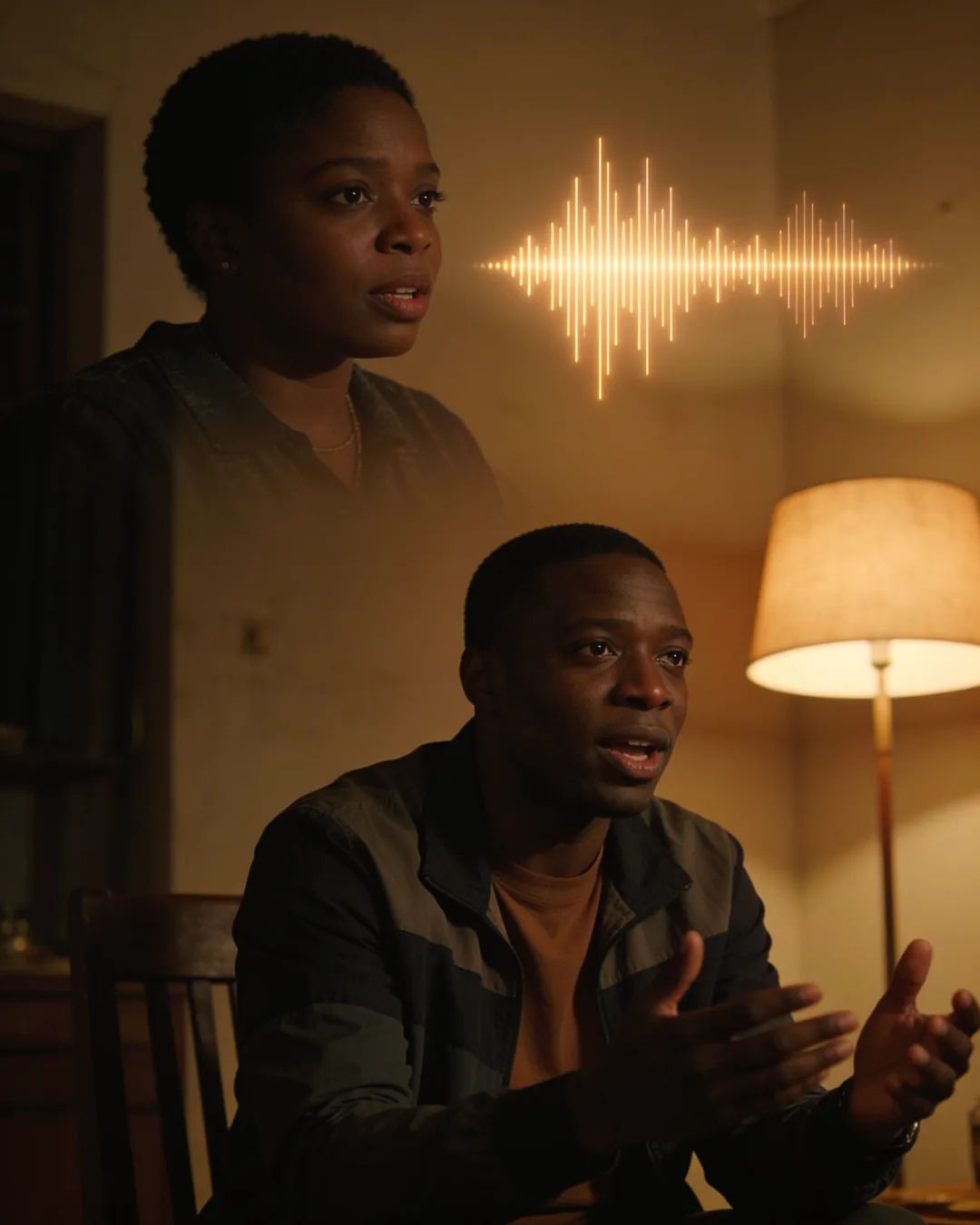 A Burundian man speaking at home at night, a sound waveform beside him