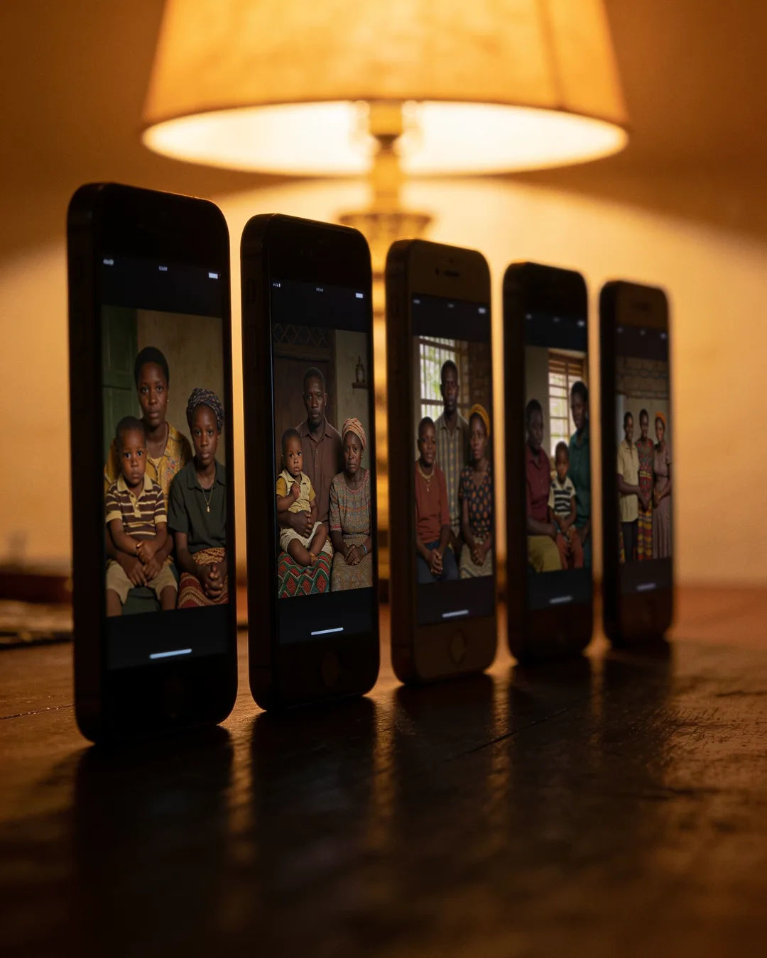 A row of phones showing episodes of the same Burundian drama series
