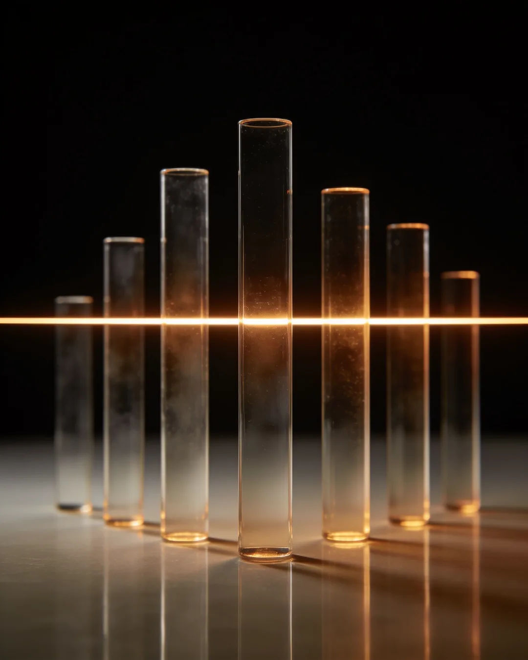 Glass columns of different heights with a glowing limit line