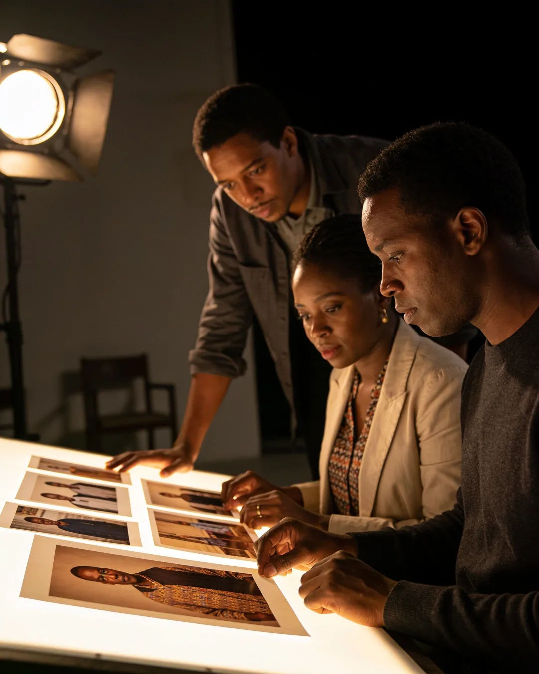 A Burundian production team reviewing printed frames on a lit table