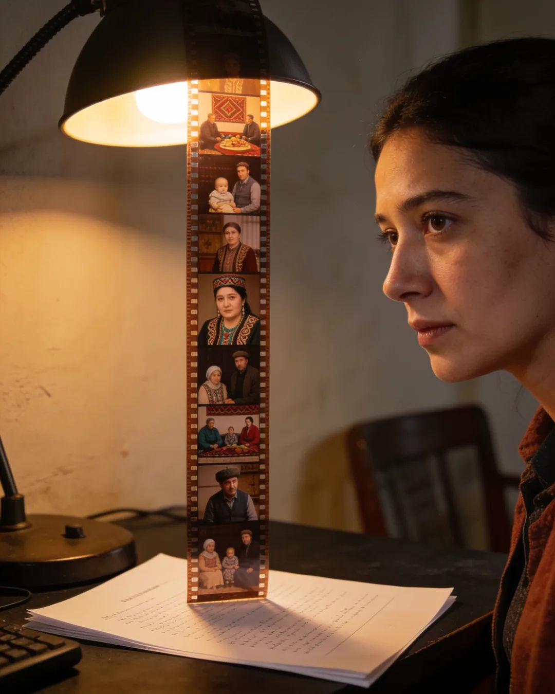 A screenplay page under a desk lamp beside a strip of film frames from a Kyrgyz family drama