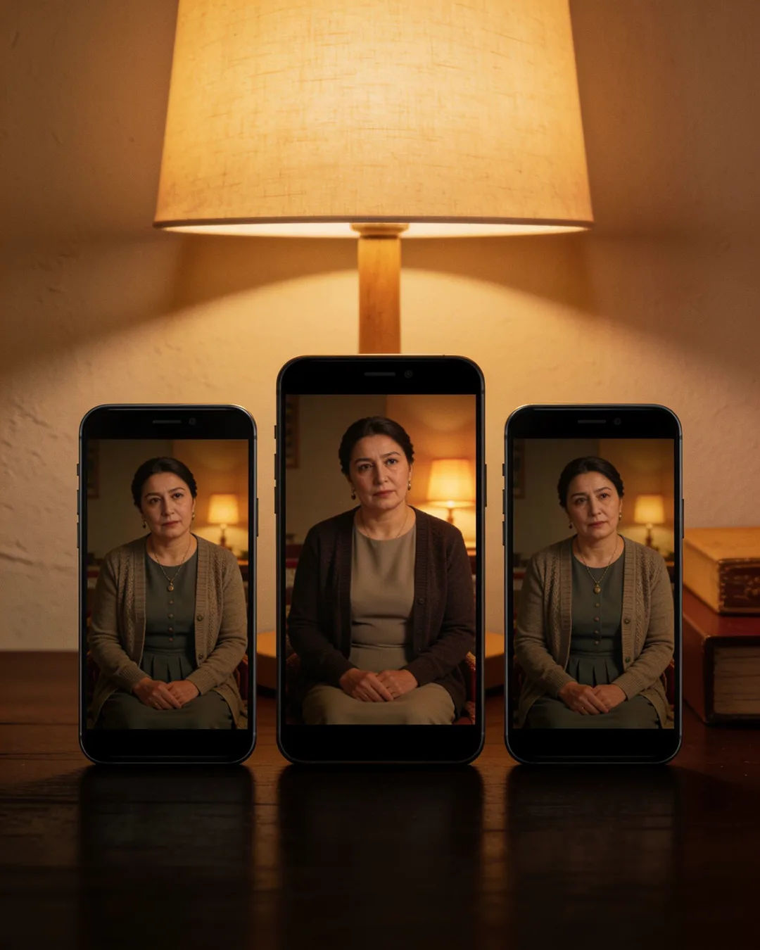 The same Kyrgyz woman in a simple modern dress and cardigan on three vertical phone screens