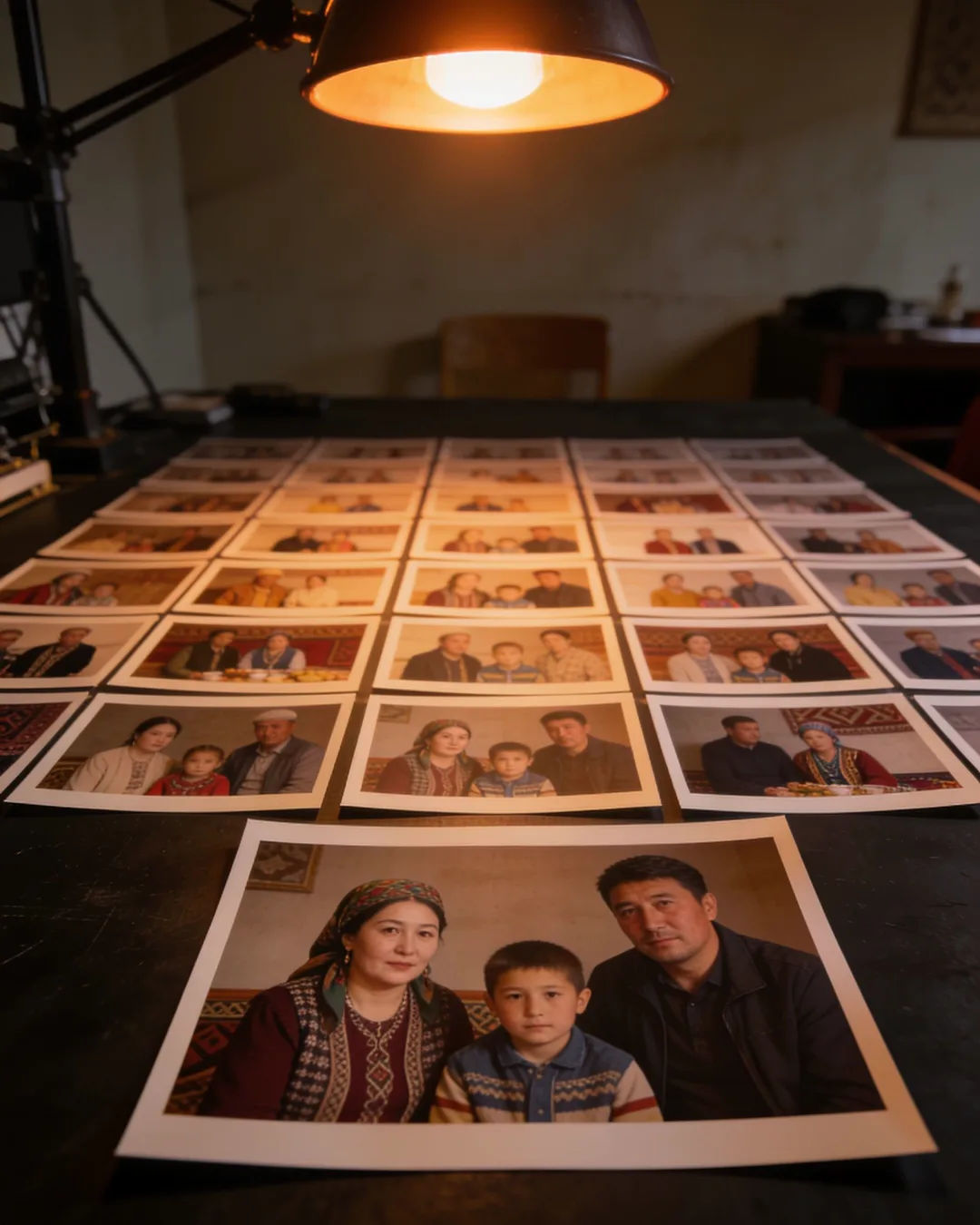 Storyboard cards of a Kyrgyz family drama laid out on a production table