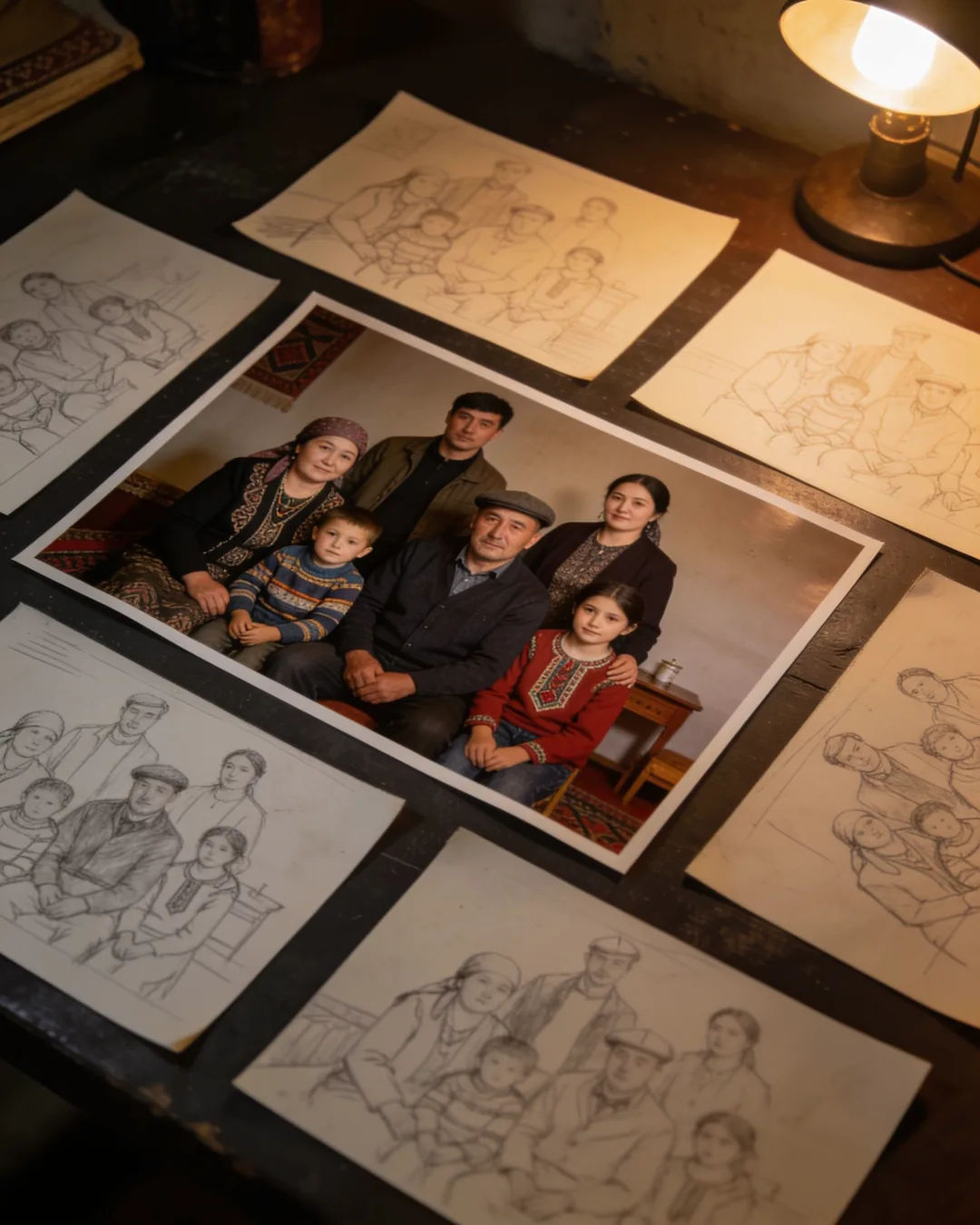 Pencil storyboard sketches around a finished photo of a Kyrgyz family scene