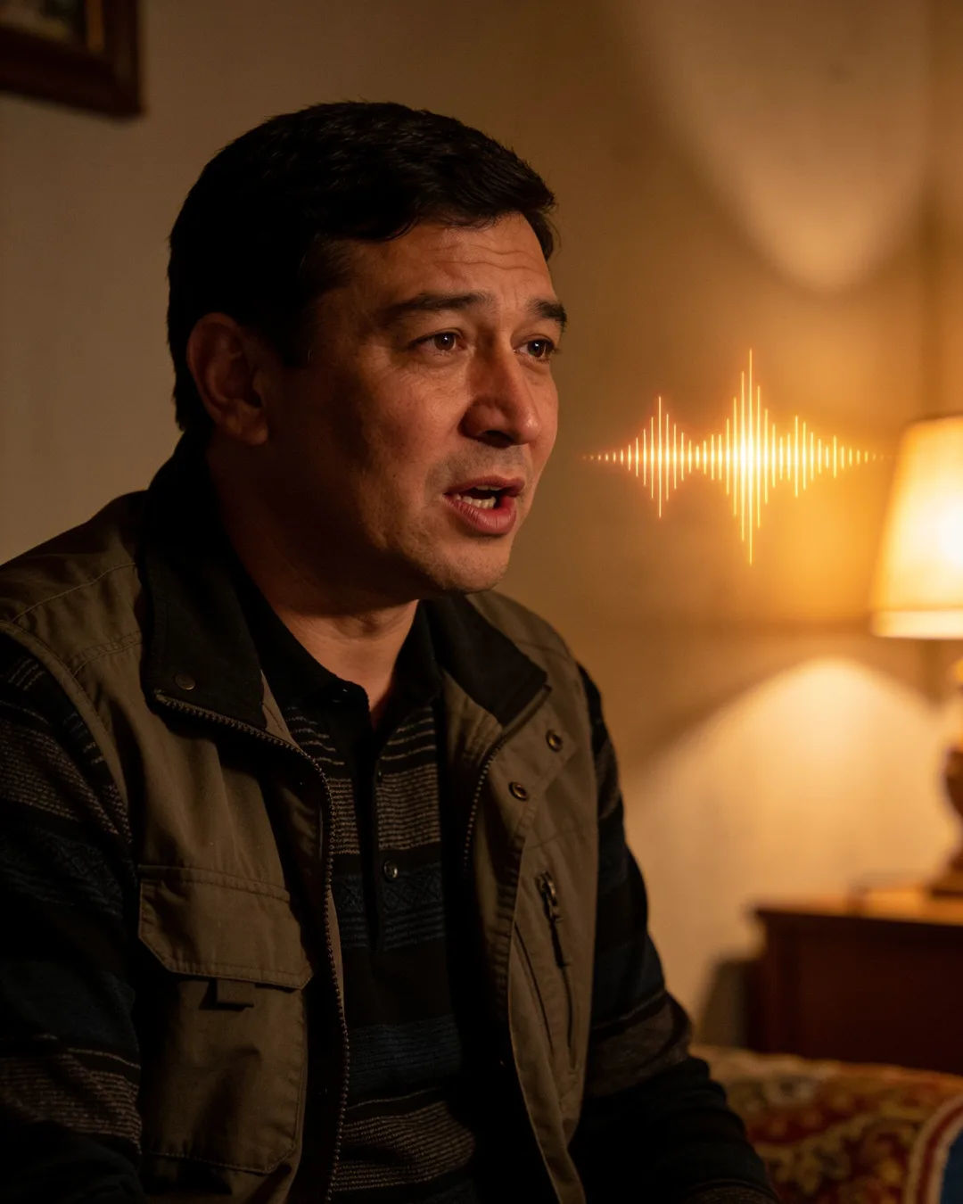 A Kyrgyz man speaking at home at night, a sound waveform beside him