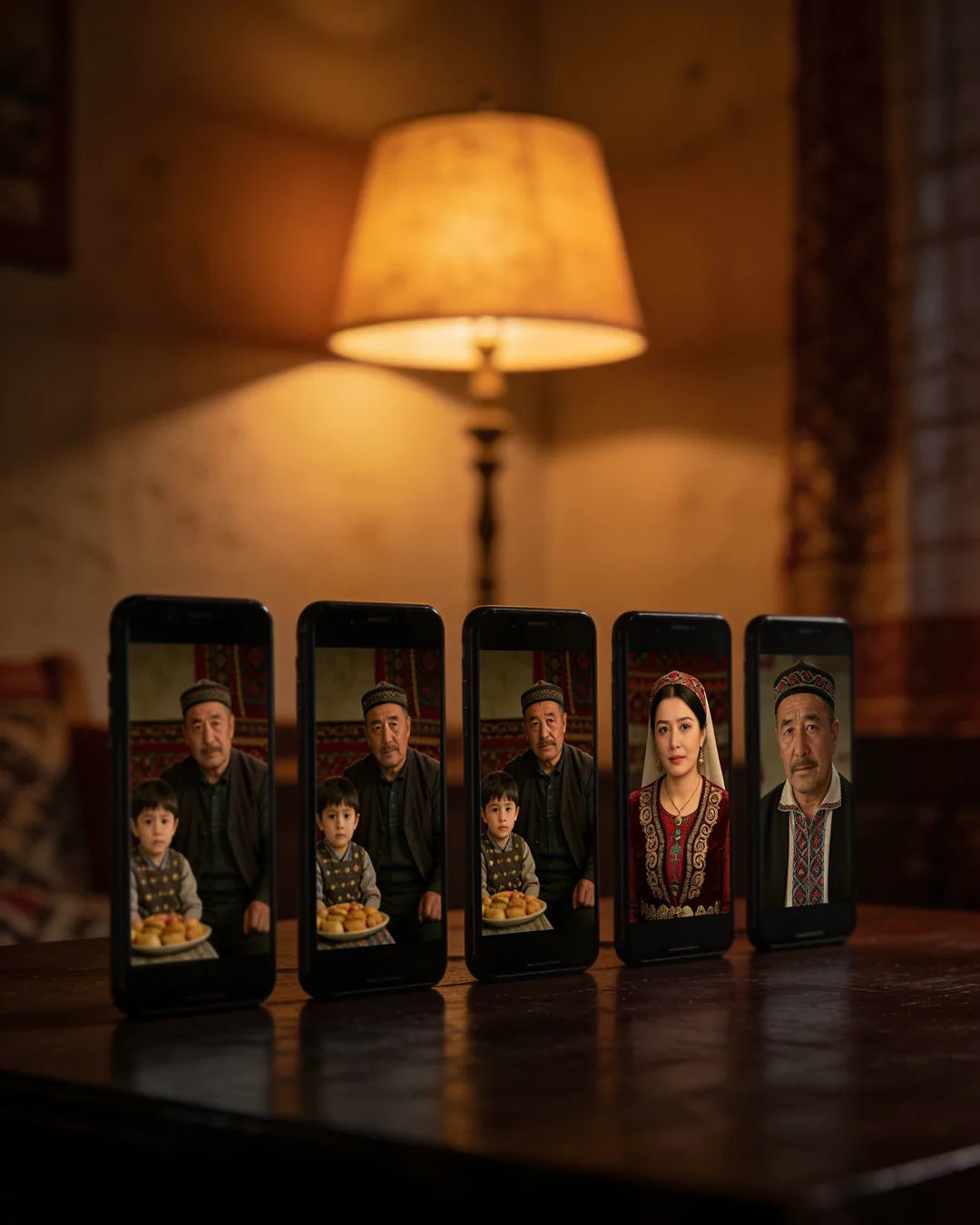 A row of phones showing episodes of the same Kyrgyz drama series