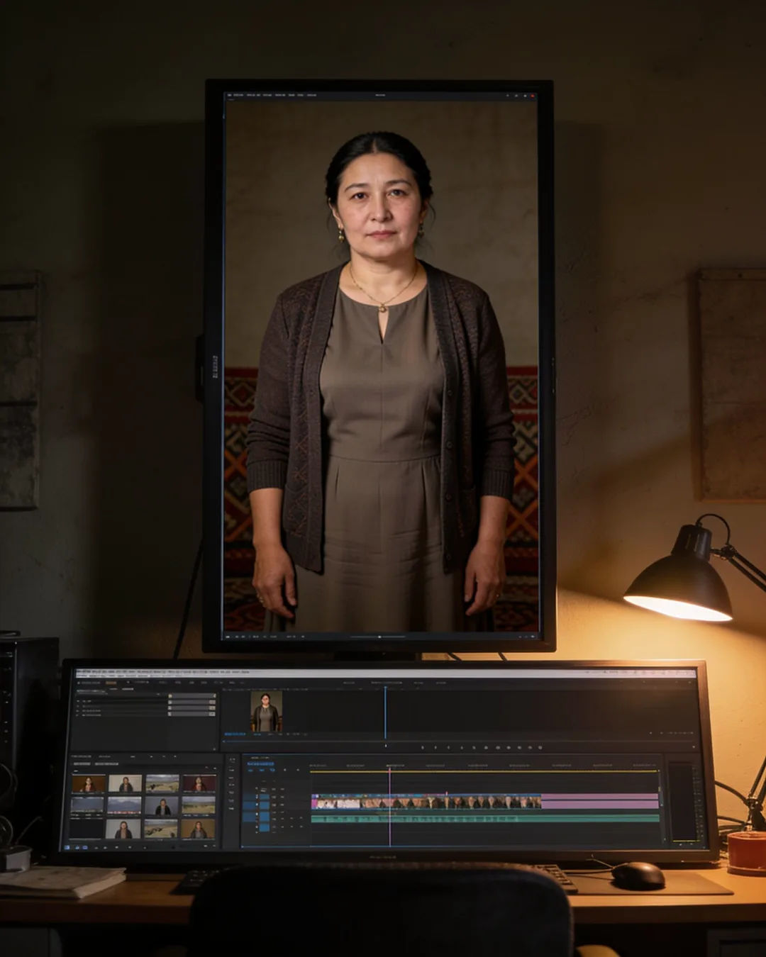 An editing suite with a vertical frame of a Kyrgyz woman in a simple modern dress and cardigan above a timeline