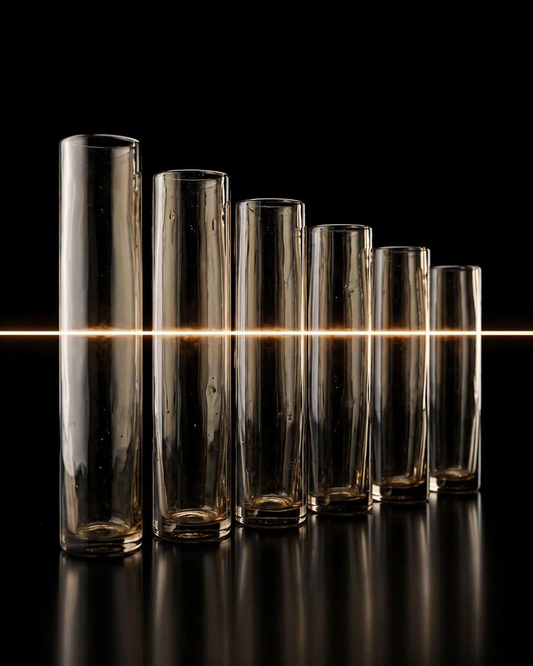 Glass columns of different heights with a glowing limit line