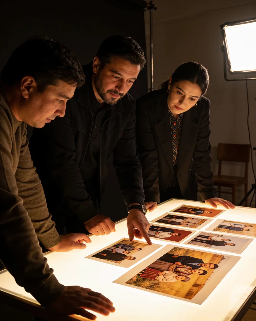 A Kyrgyz production team reviewing printed frames on a lit table
