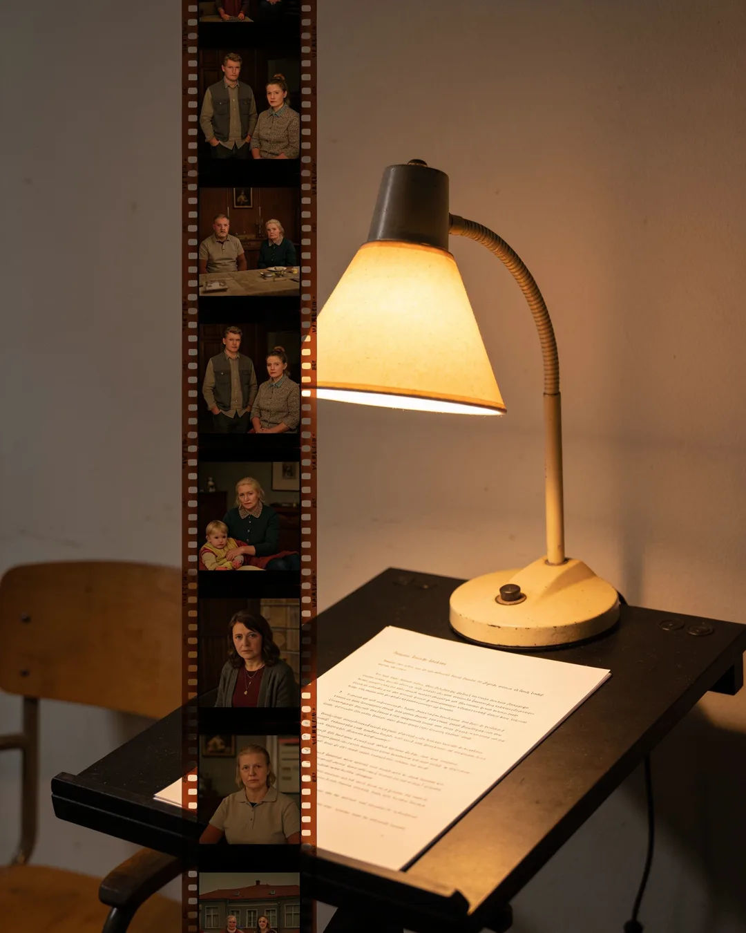 A screenplay page under a desk lamp beside a strip of film frames from a Latvian family drama