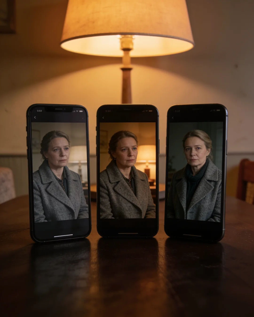 The same Latvian woman in a grey wool coat on three vertical phone screens
