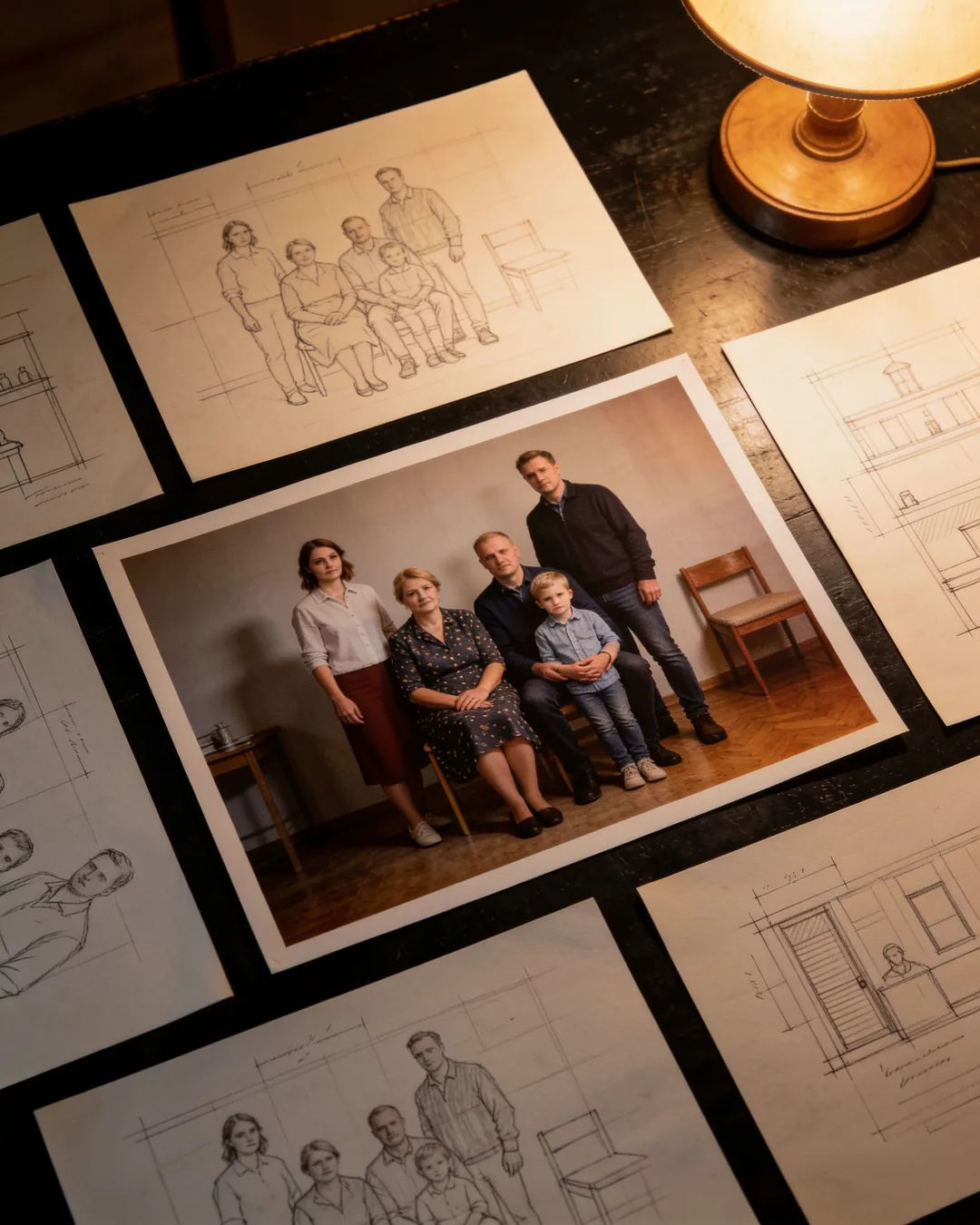 Pencil storyboard sketches around a finished photo of a Latvian family scene