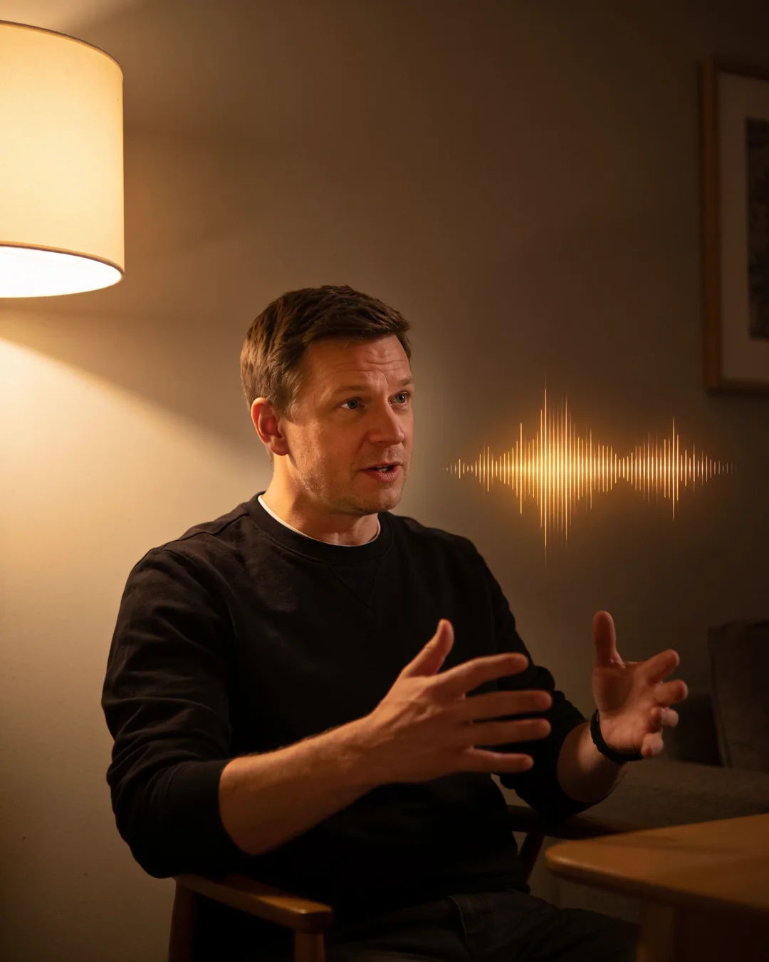 A Latvian man speaking at home at night, a sound waveform beside him
