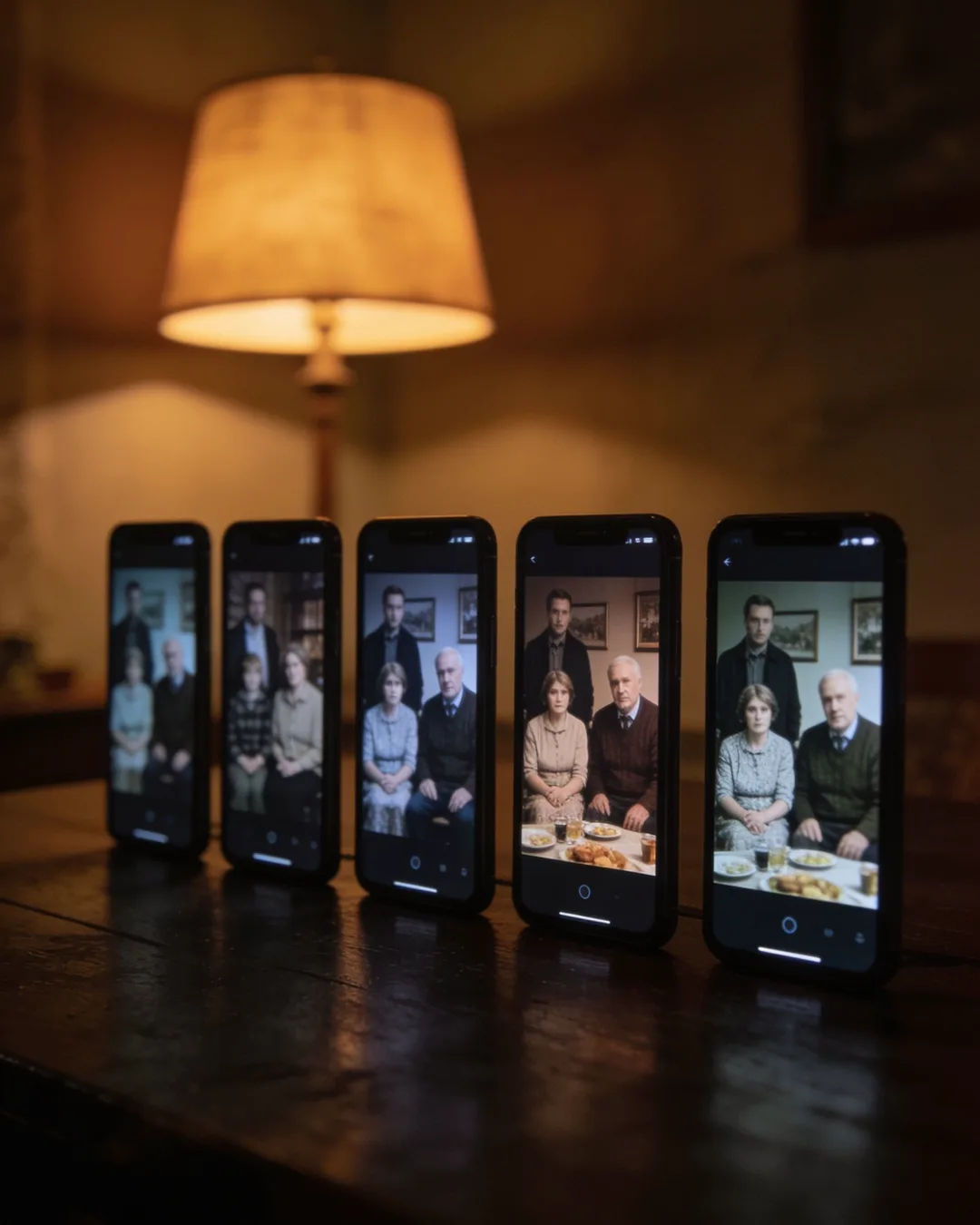A row of phones showing episodes of the same Latvian drama series