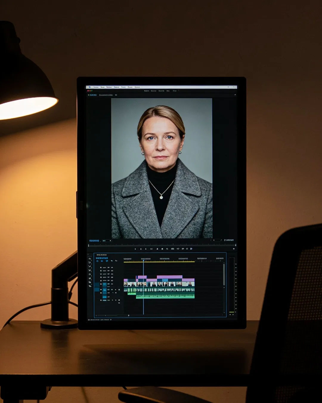 An editing suite with a vertical frame of a Latvian woman in a grey wool coat above a timeline