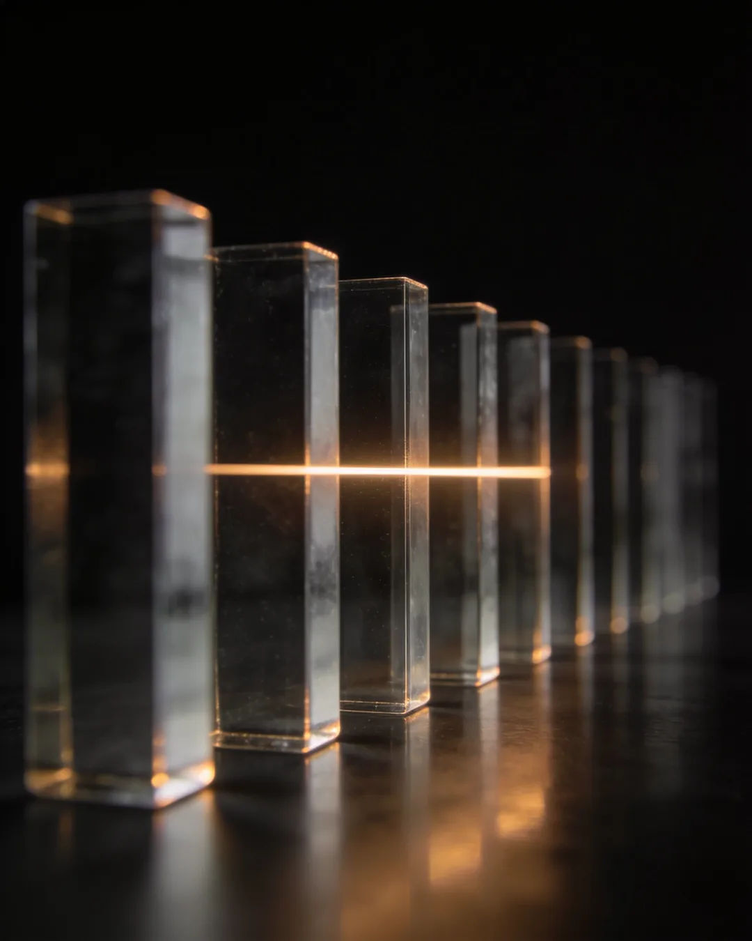 Glass columns of different heights with a glowing limit line