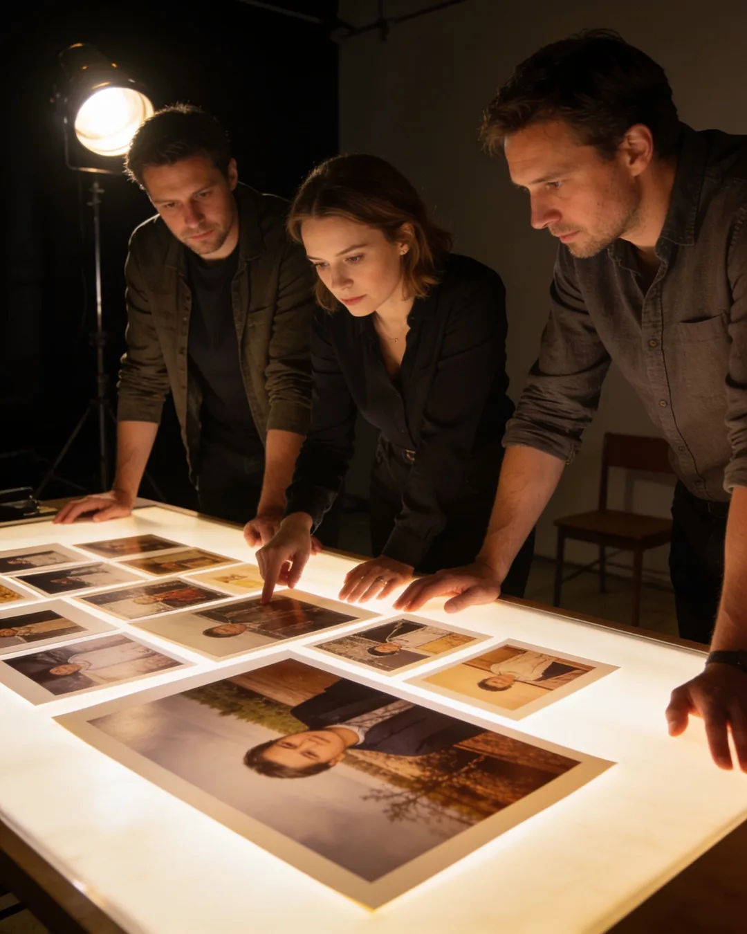 A Latvian production team reviewing printed frames on a lit table