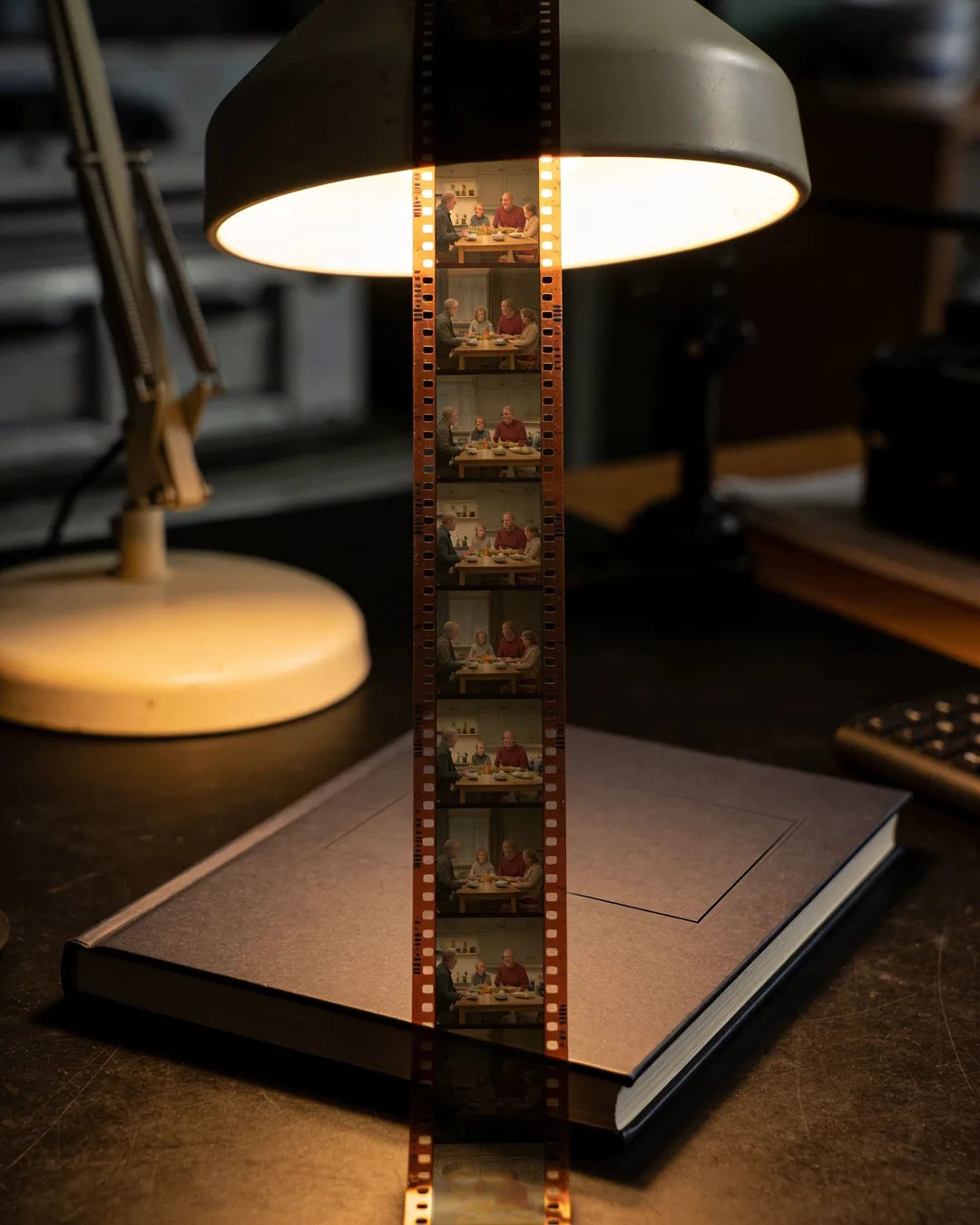 A closed script under a desk lamp beside a strip of film frames from a family drama