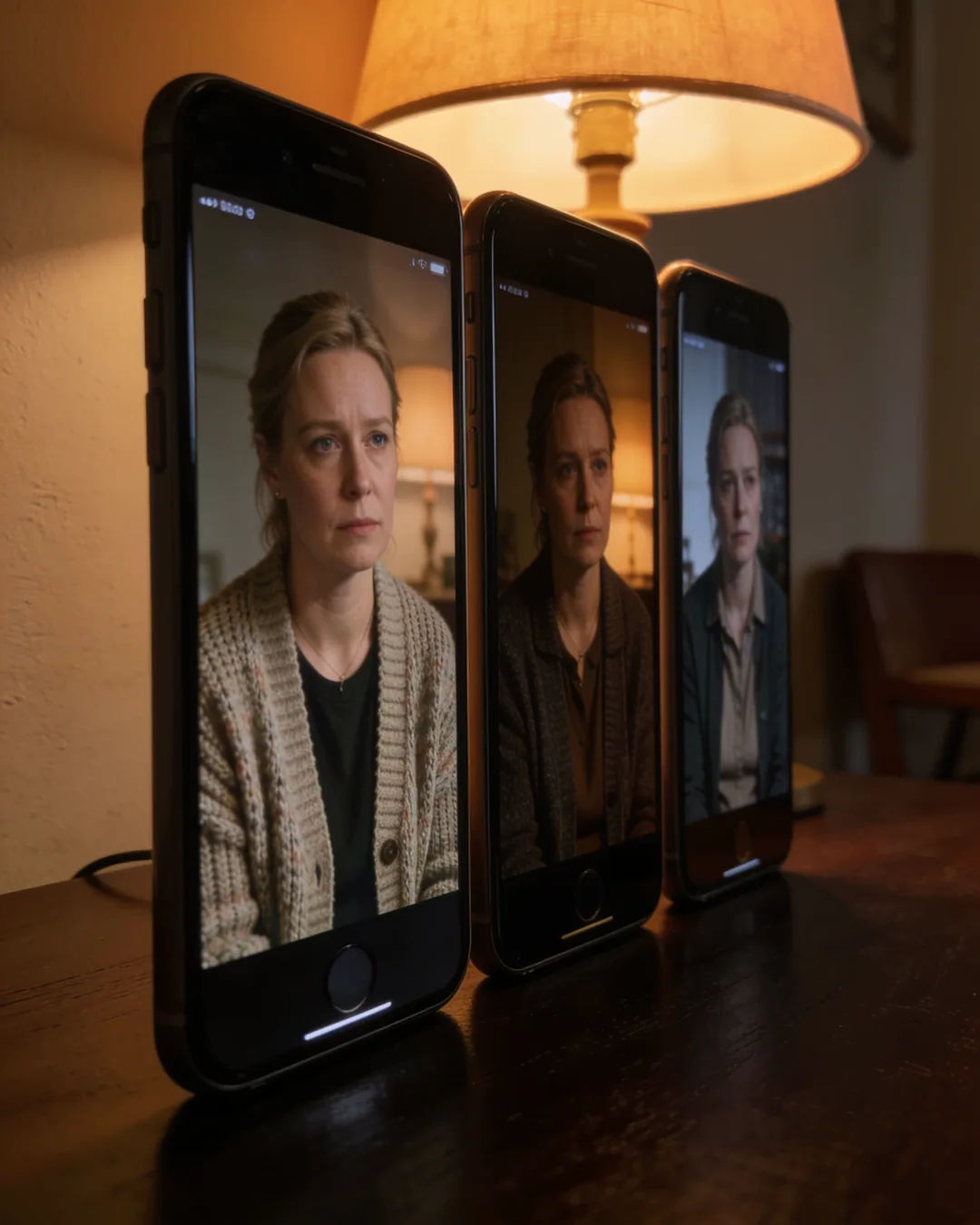 The same Lithuanian woman in a knit cardigan on three vertical phone screens