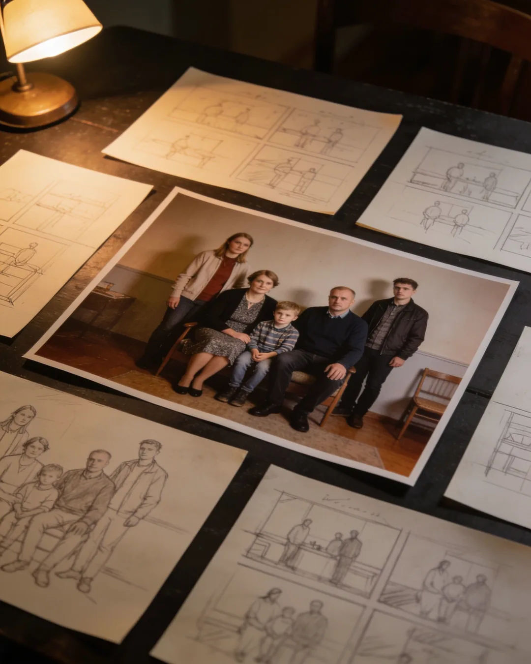 Pencil storyboard sketches around a finished photo of a Lithuanian family scene