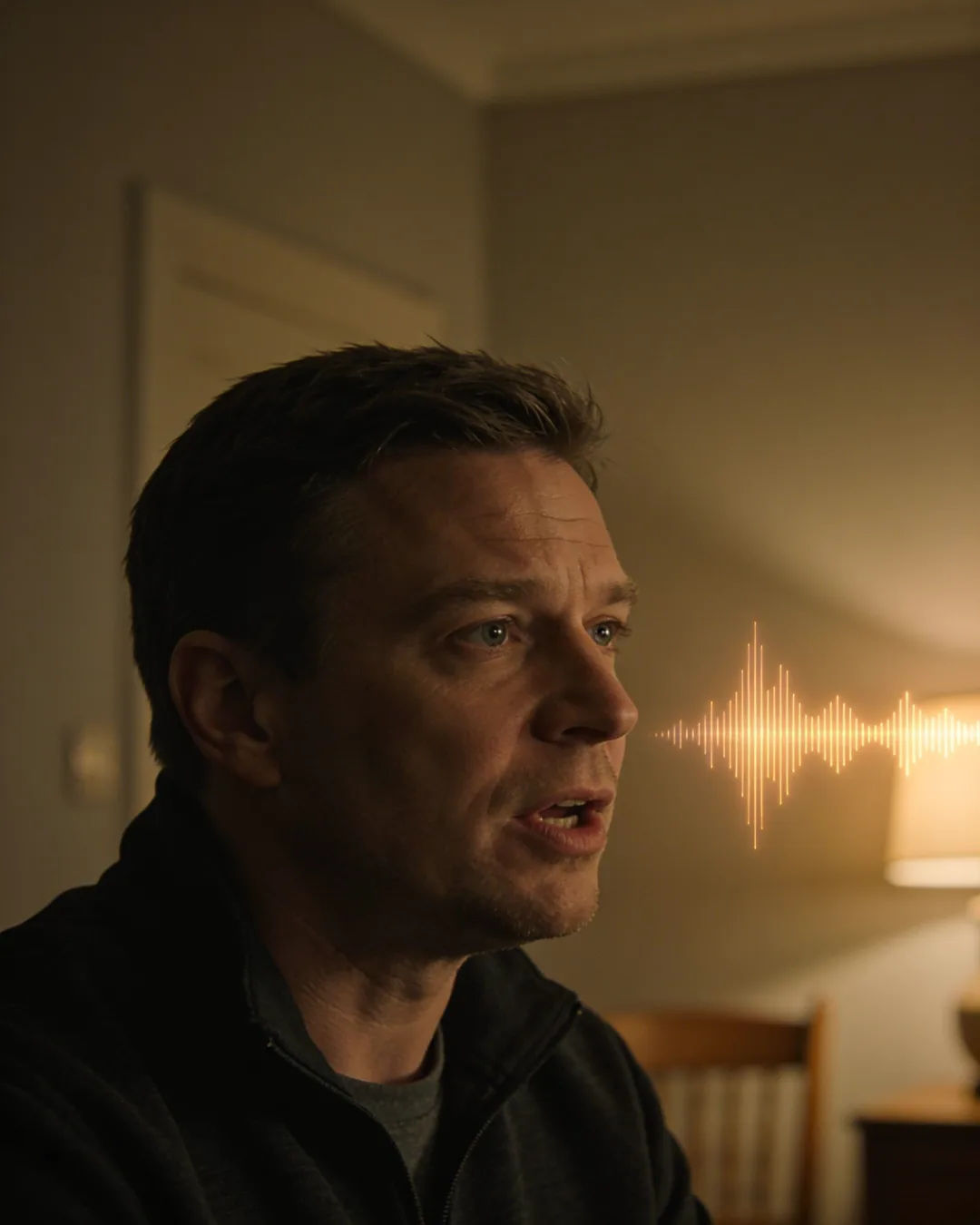 A Lithuanian man speaking at home at night, a sound waveform beside him