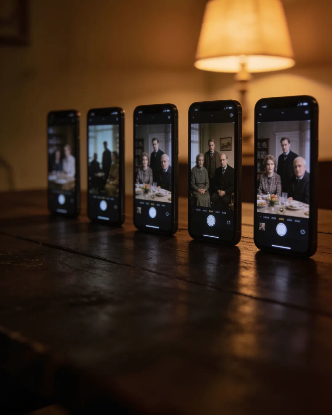 A row of phones showing episodes of the same family drama series