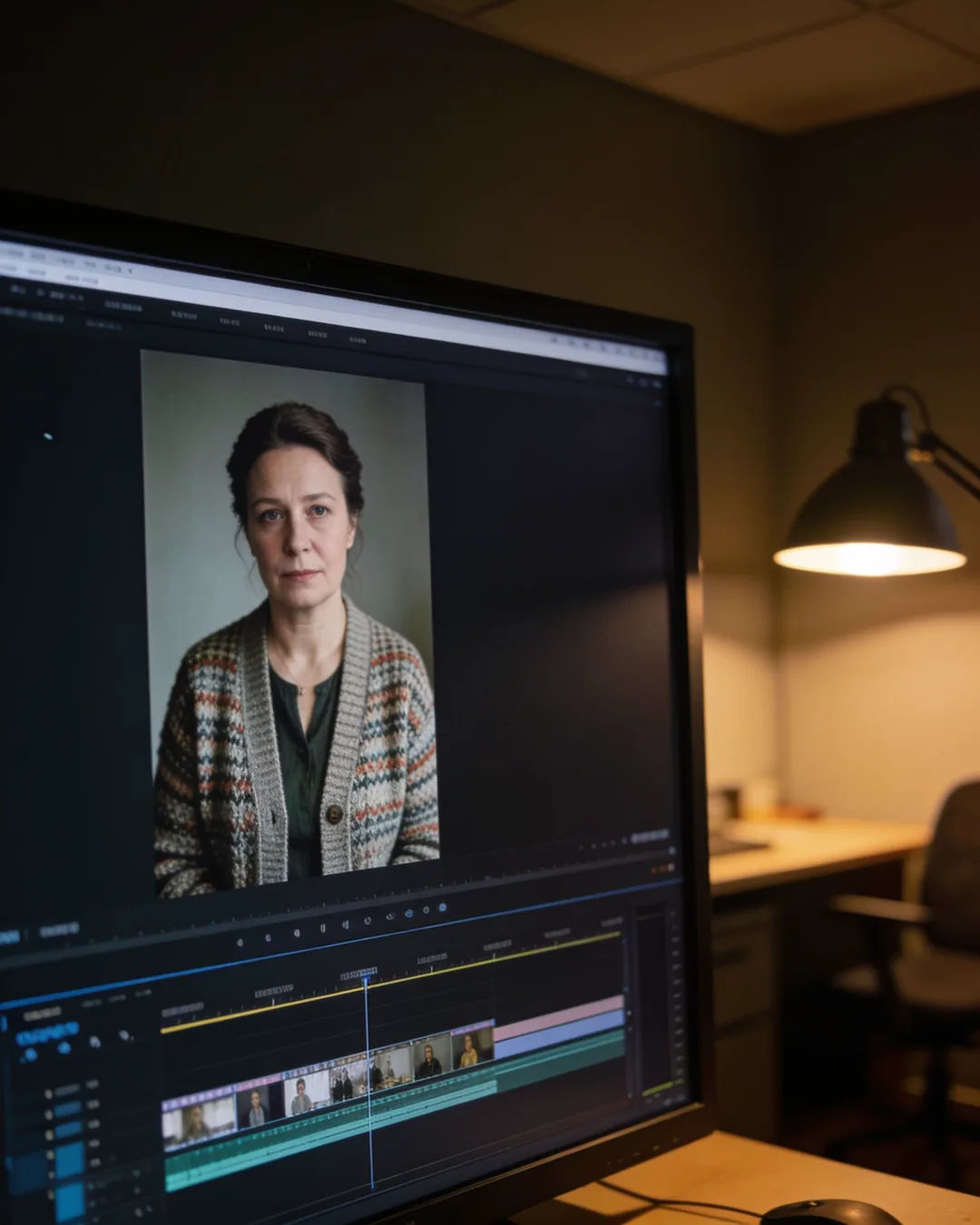 An editing suite with a vertical frame of a Lithuanian woman in a knit cardigan above a timeline
