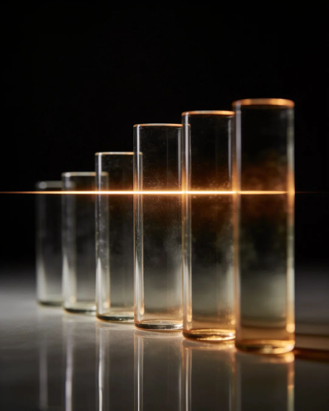 Glass columns of different heights with a glowing limit line