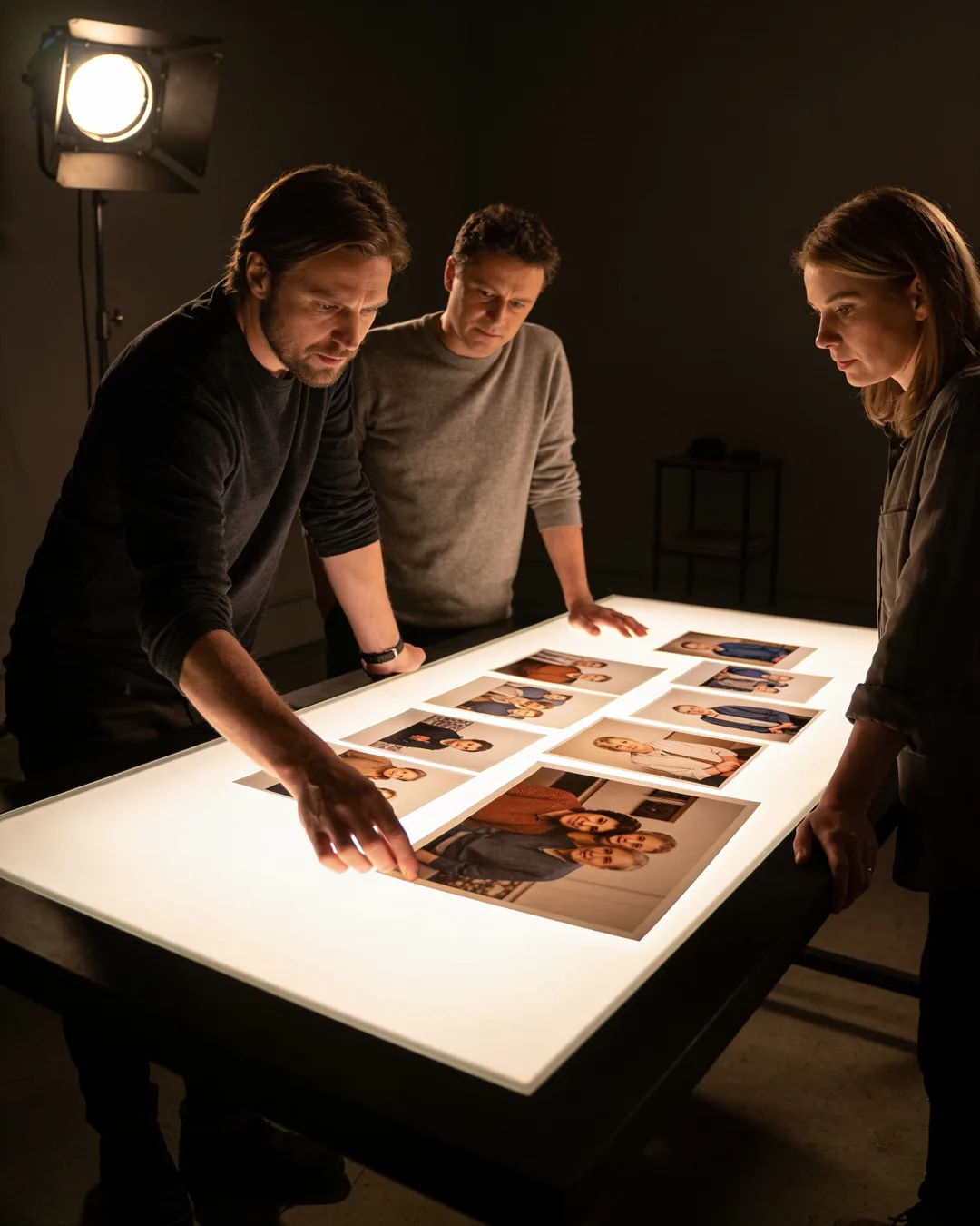 A Lithuanian production team reviewing printed frames on a lit table