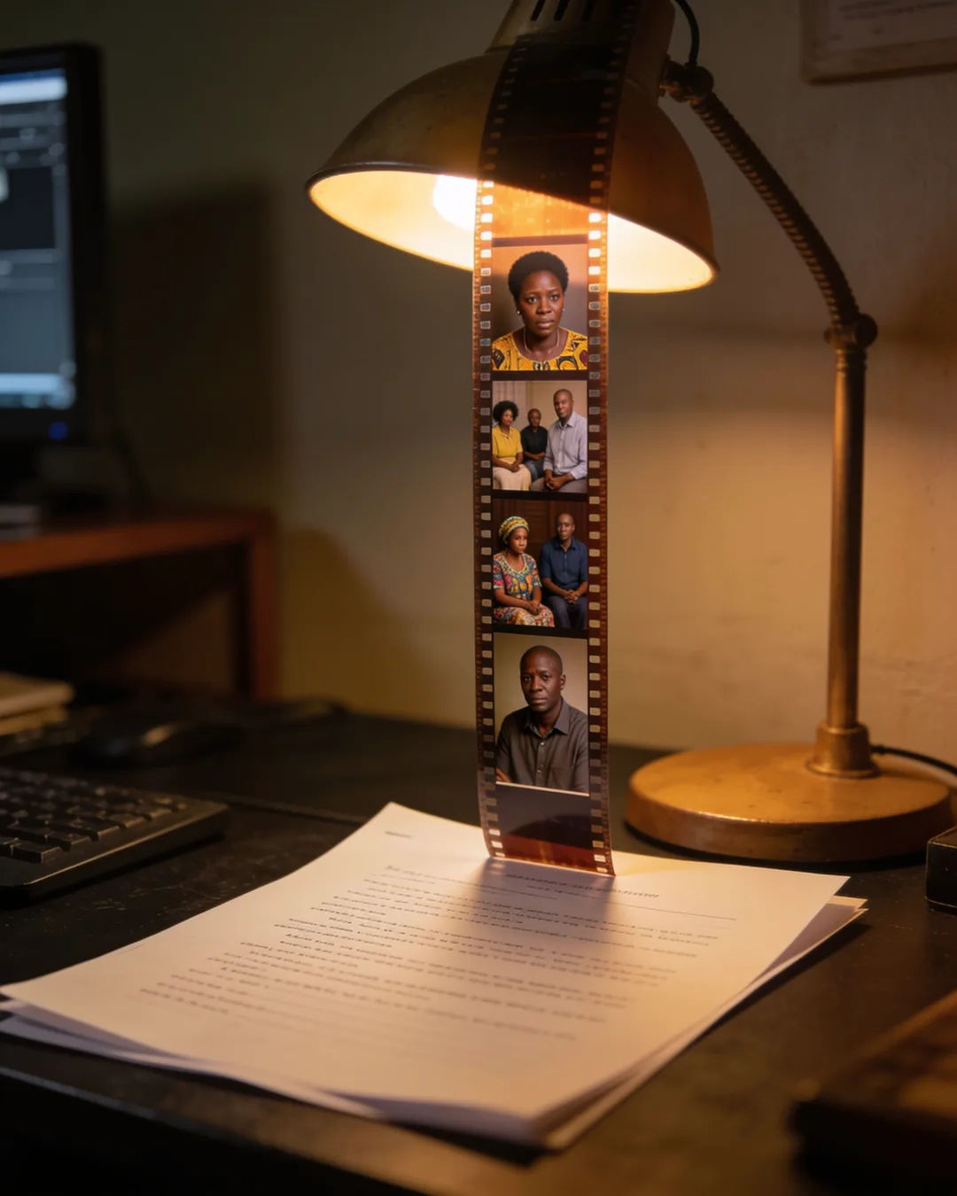 A screenplay page under a desk lamp beside a strip of film frames from an Ugandan family drama