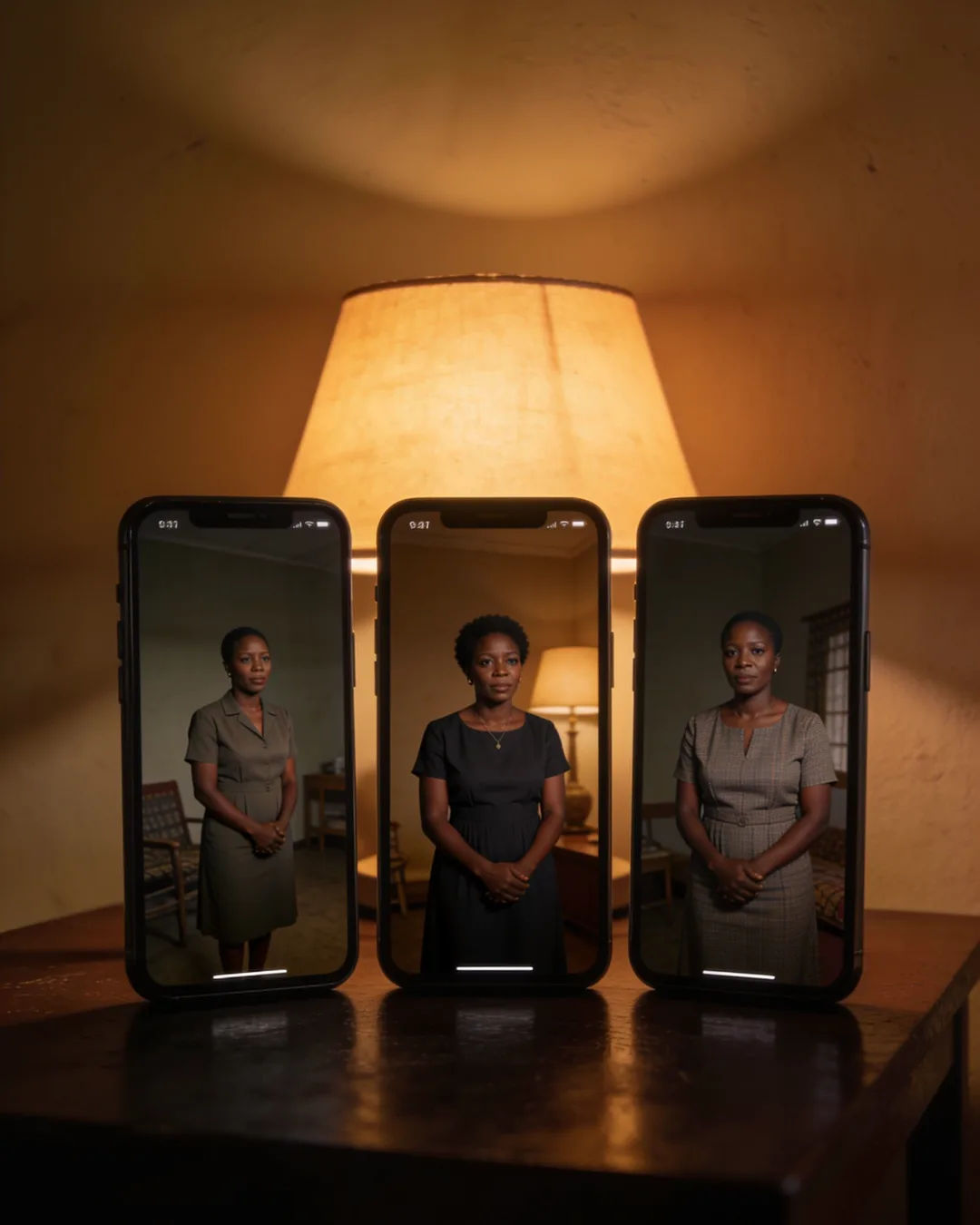 The same Ugandan woman in a simple modern dress on three vertical phone screens