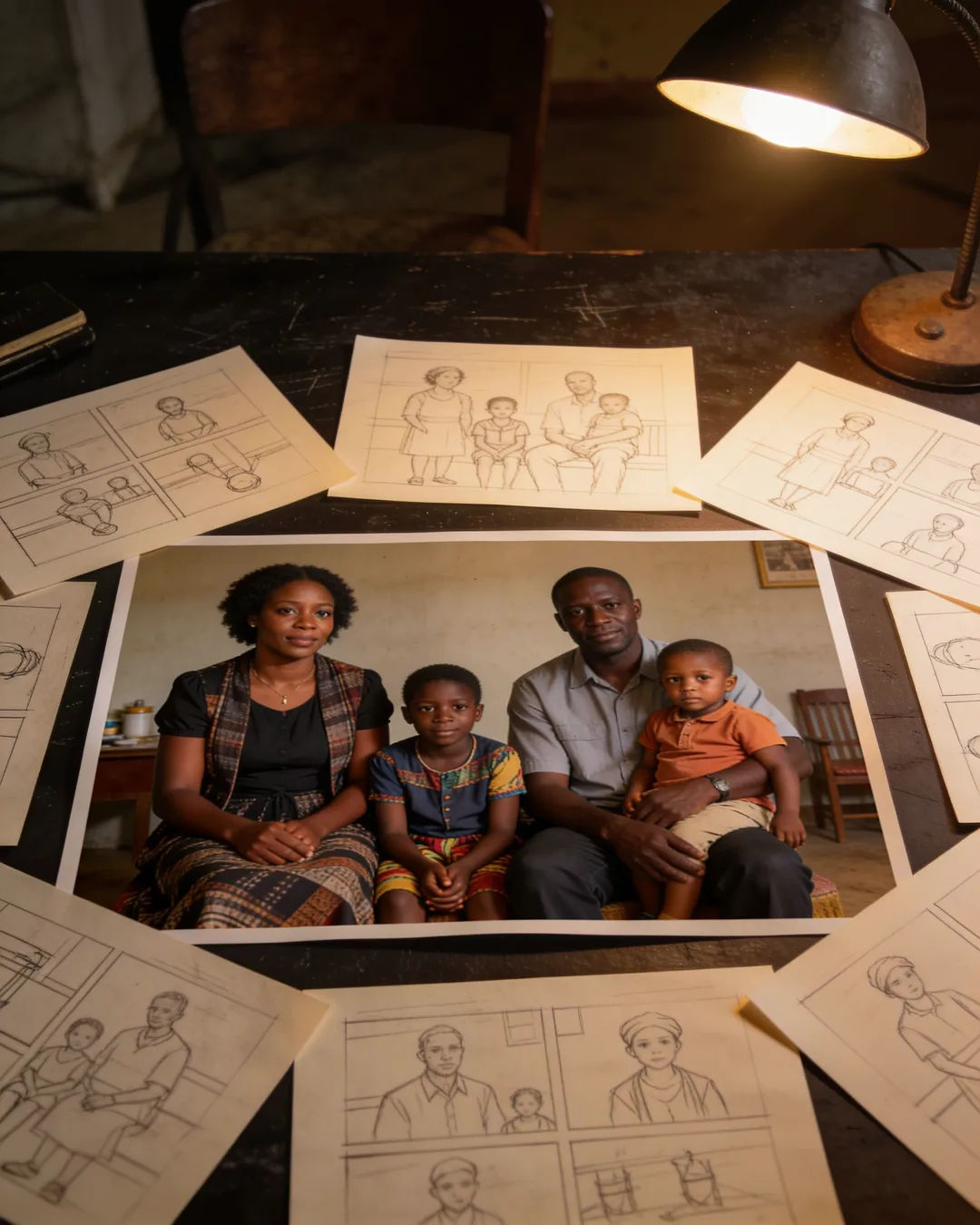 Pencil storyboard sketches around a finished photo of an Ugandan family scene