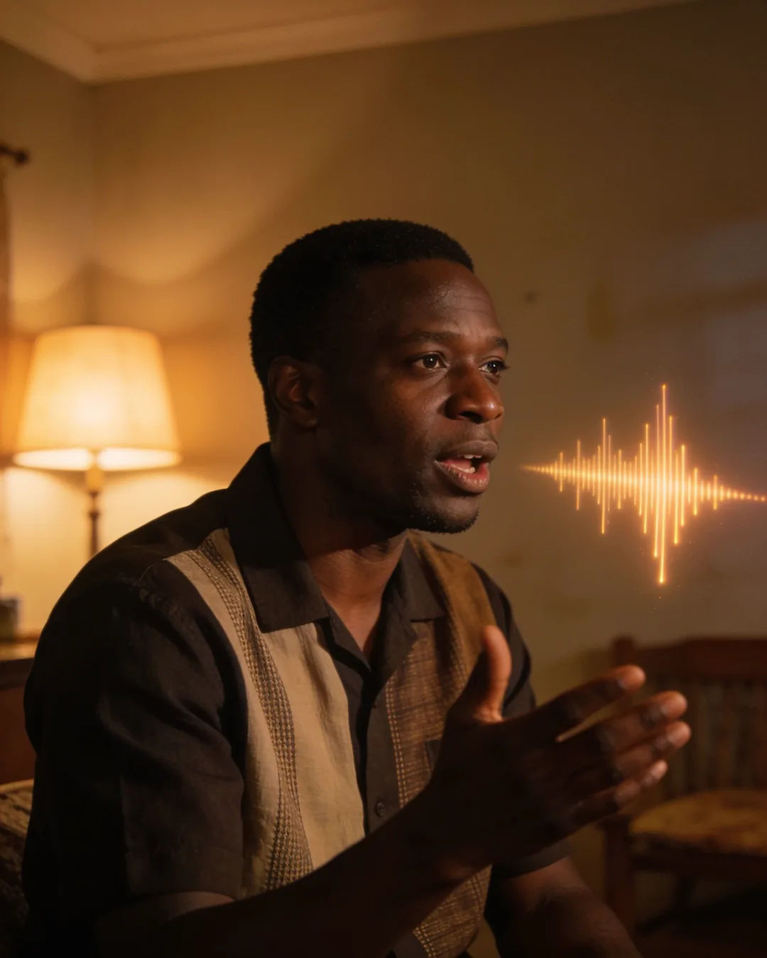 An Ugandan man speaking at home at night, a sound waveform beside him