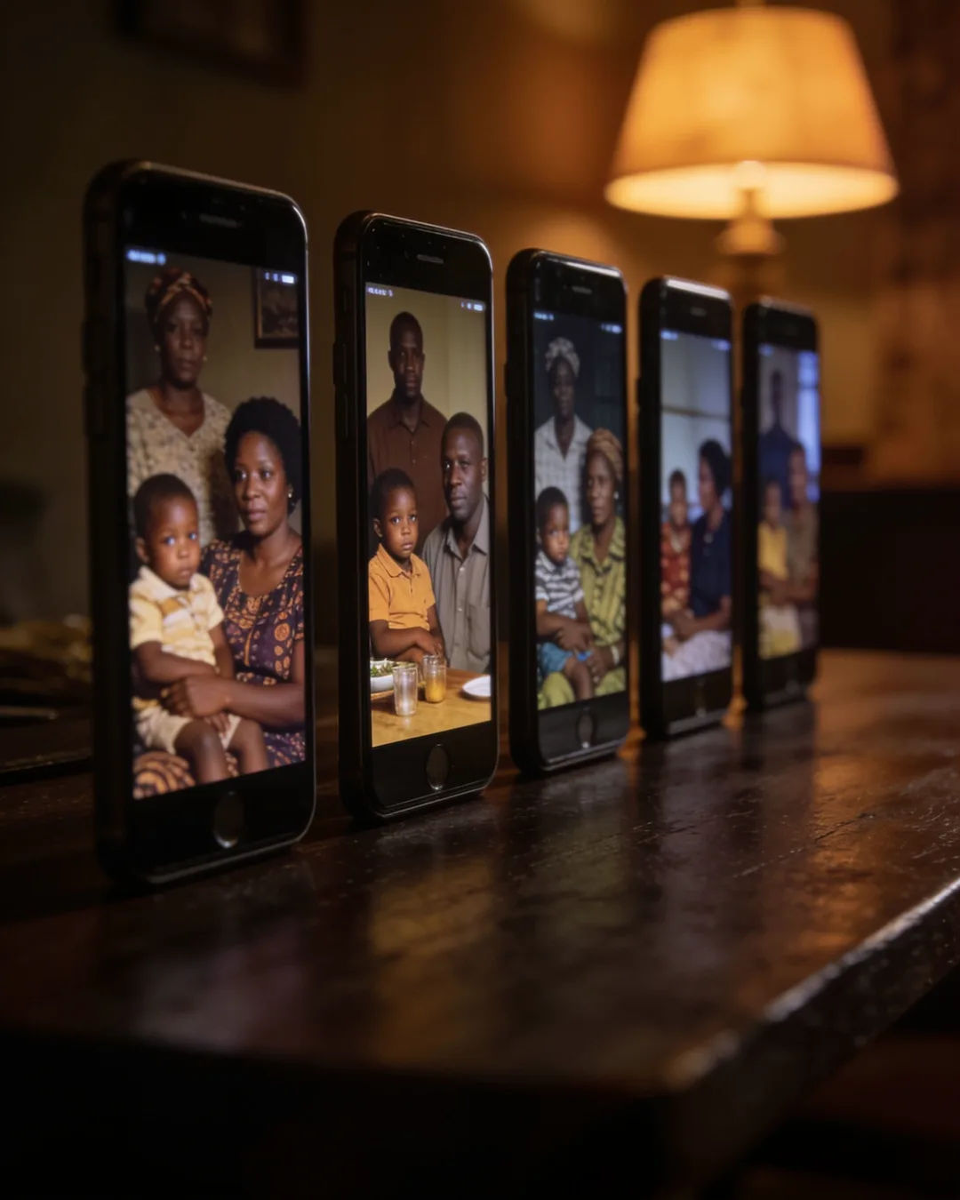 A row of phones showing episodes of the same Ugandan drama series