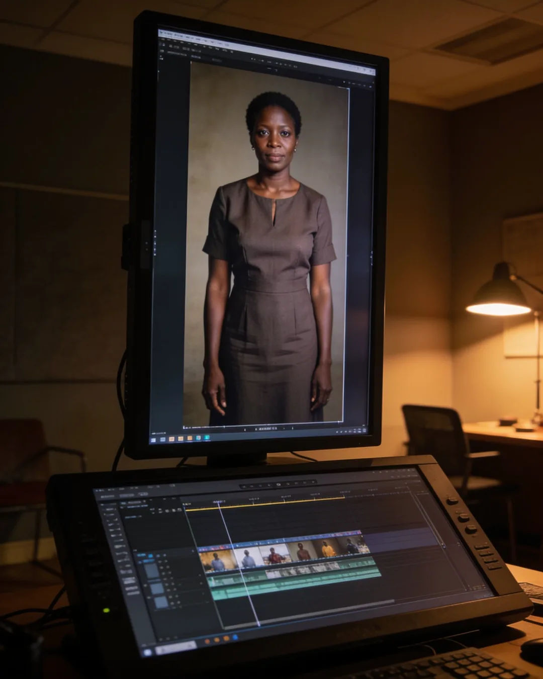 An editing suite with a vertical frame of an Ugandan woman in a simple modern dress above a timeline