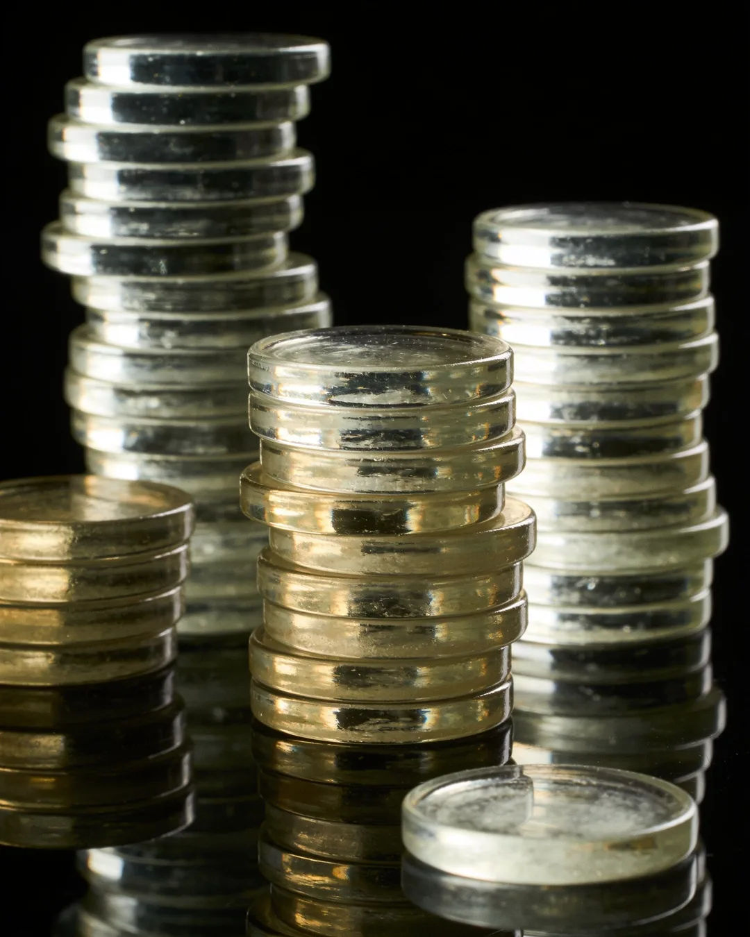 Stacks of glass tokens rising on a black ground