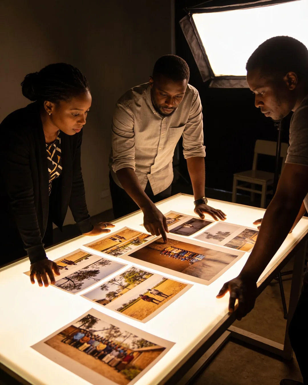 An Ugandan production team reviewing printed frames on a lit table