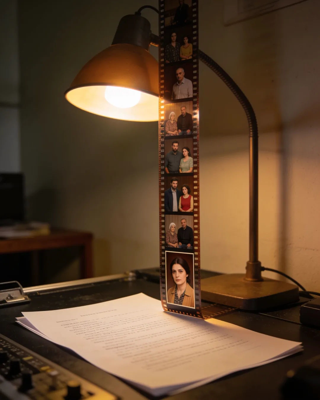 A screenplay page under a desk lamp beside a strip of film frames from a Macedonian family drama