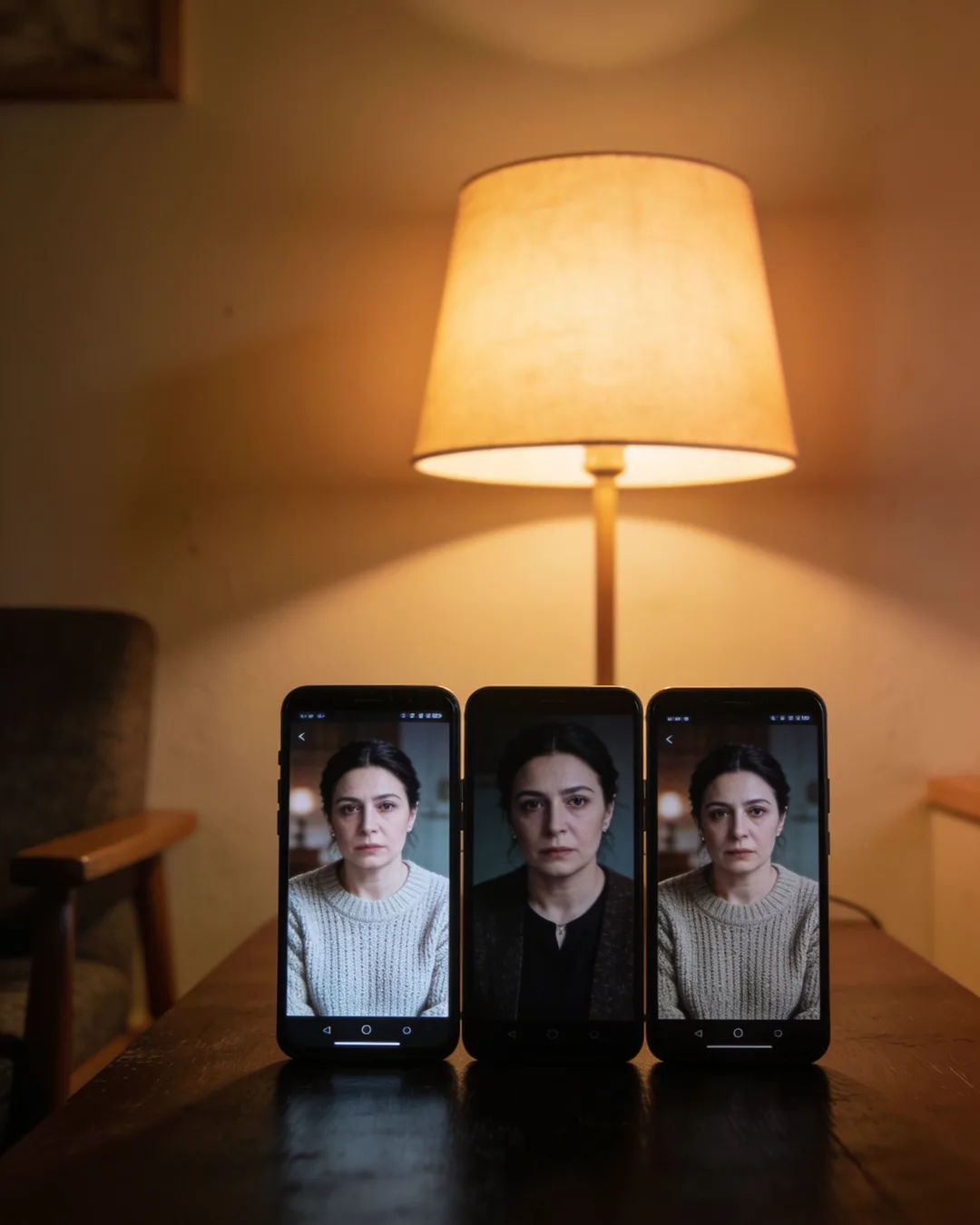 The same Macedonian woman in a simple knit sweater on three vertical phone screens