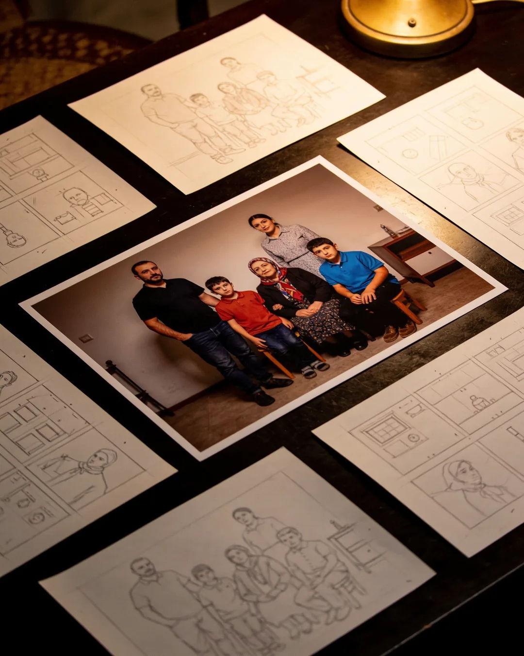 Pencil storyboard sketches around a finished photo of a Macedonian family scene