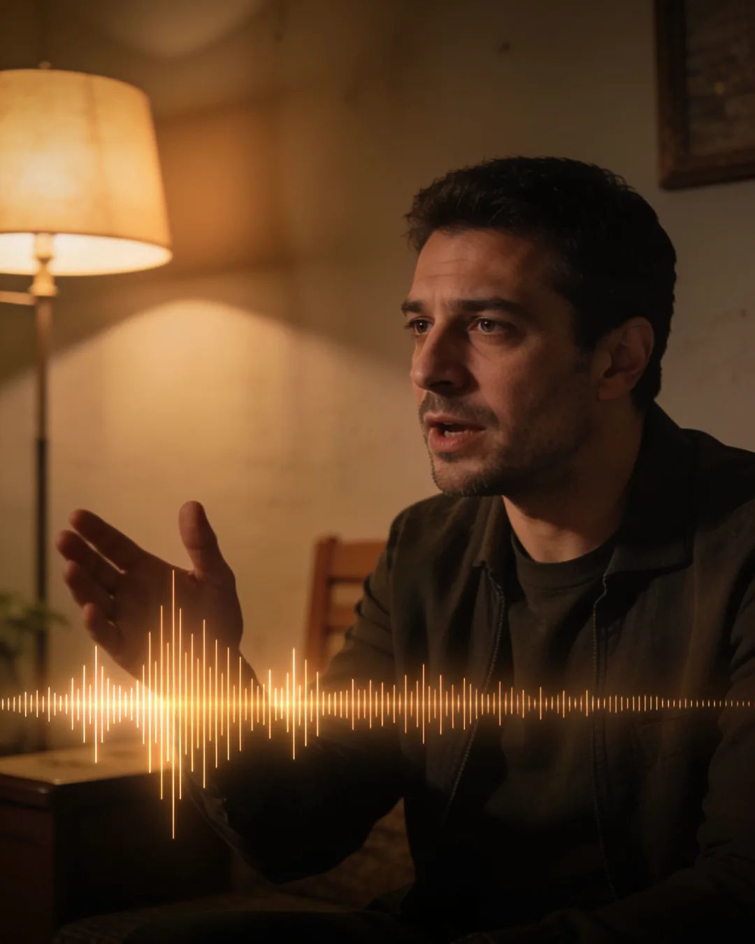 A Macedonian man speaking at home at night, a sound waveform beside him