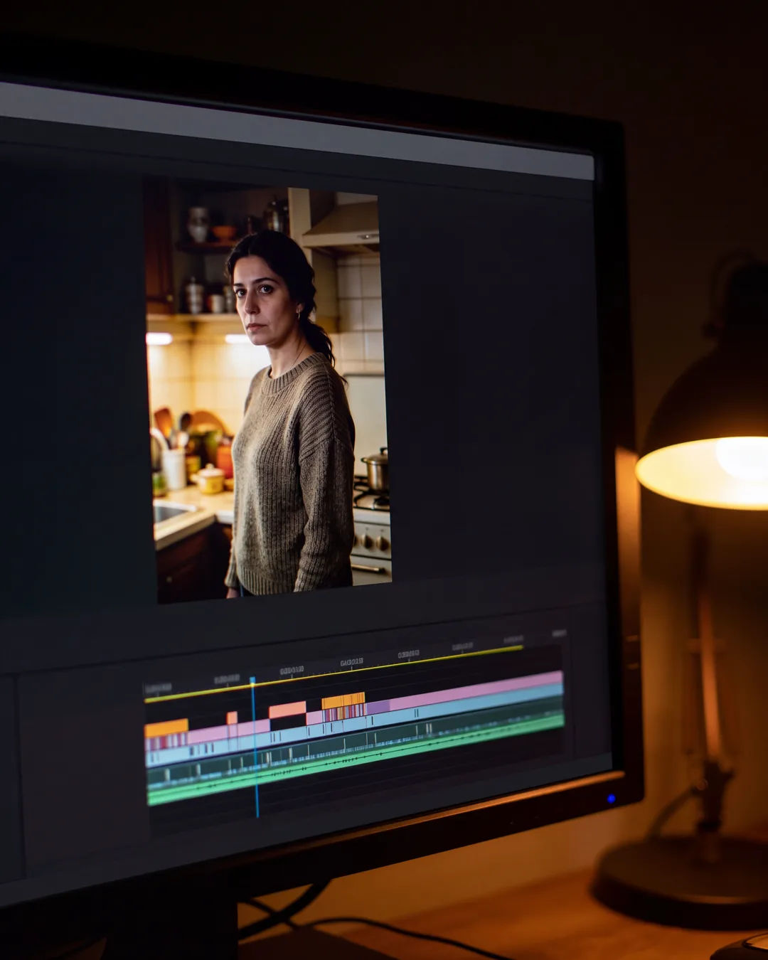 An editing suite with a vertical frame of a woman in a simple knit sweater above a timeline