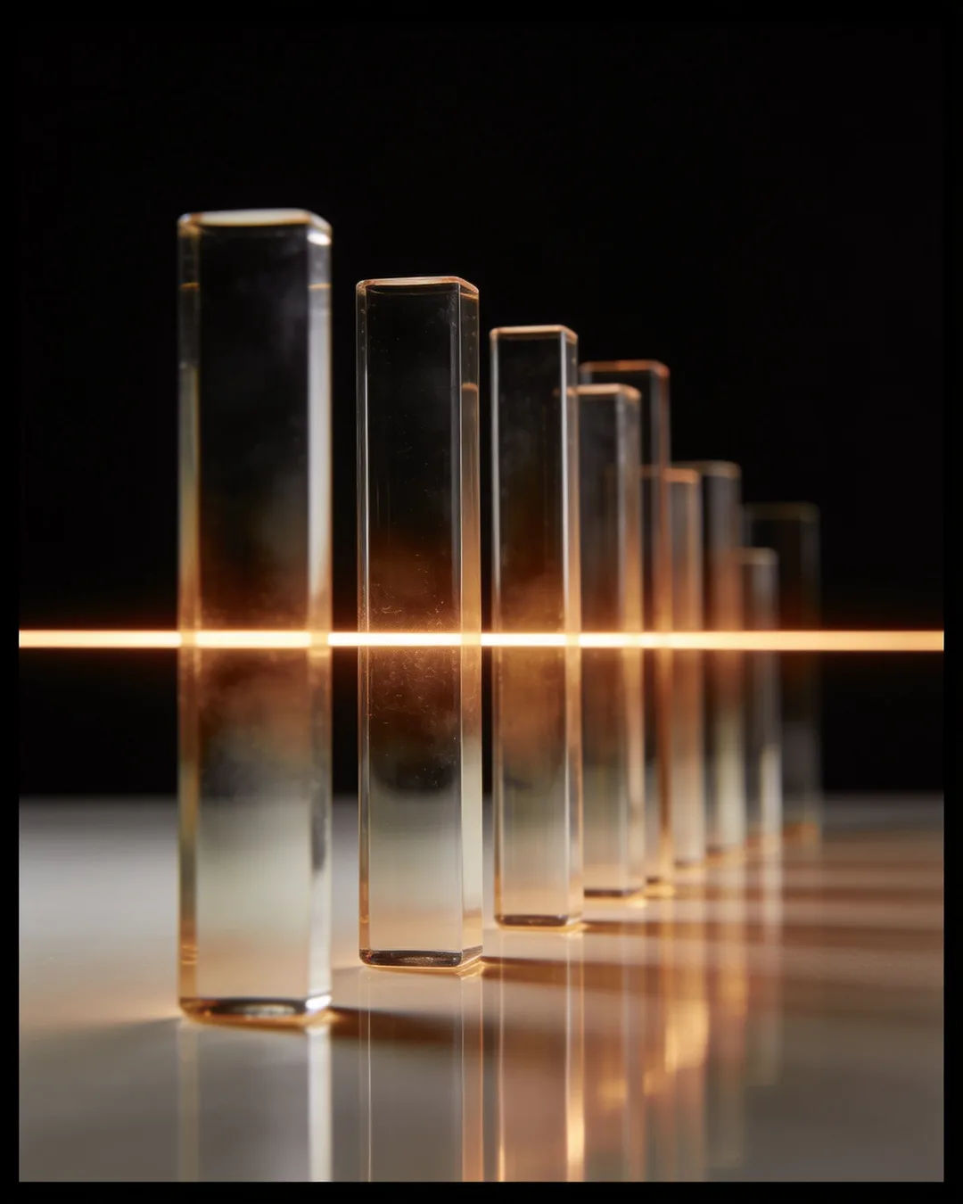 Glass columns of different heights with a glowing limit line