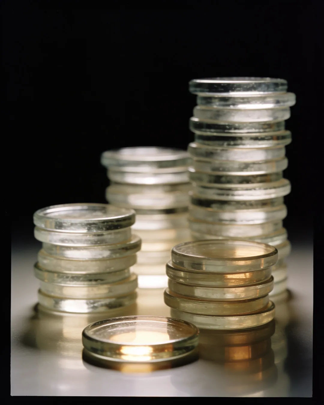 Stacks of glass tokens rising on a black ground