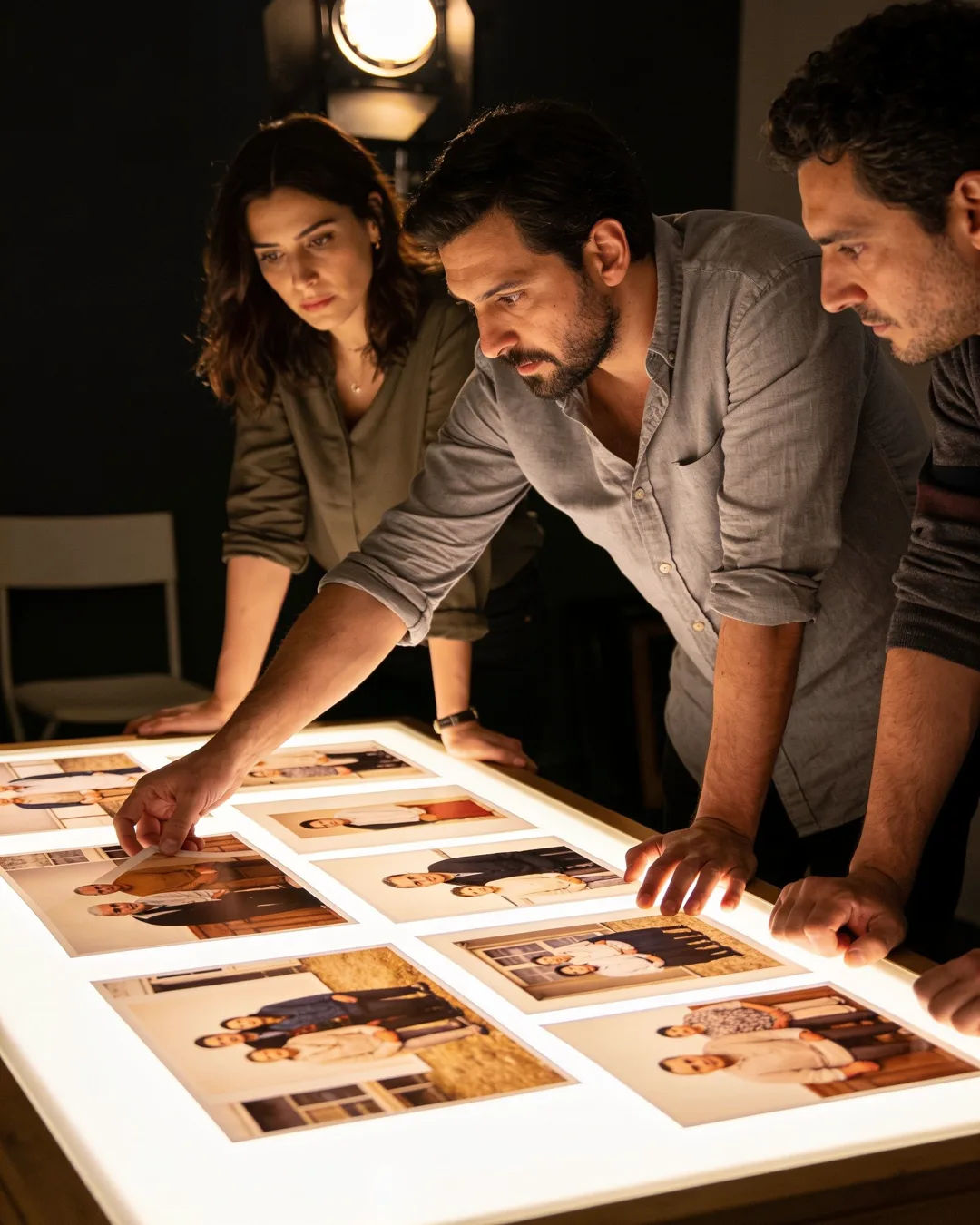 A Macedonian production team reviewing printed frames on a lit table